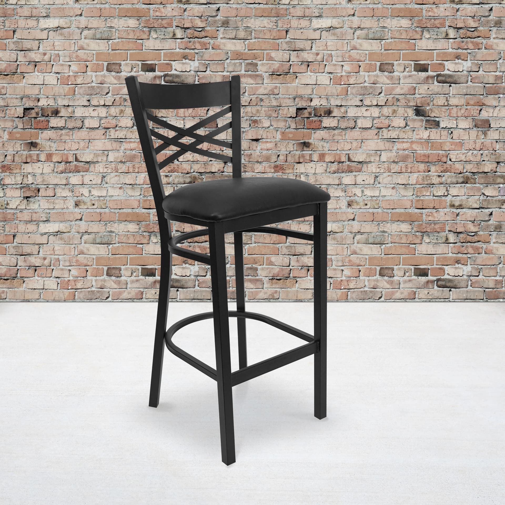 Black "X" Back Metal Restaurant Barstool - Black Vinyl Seat