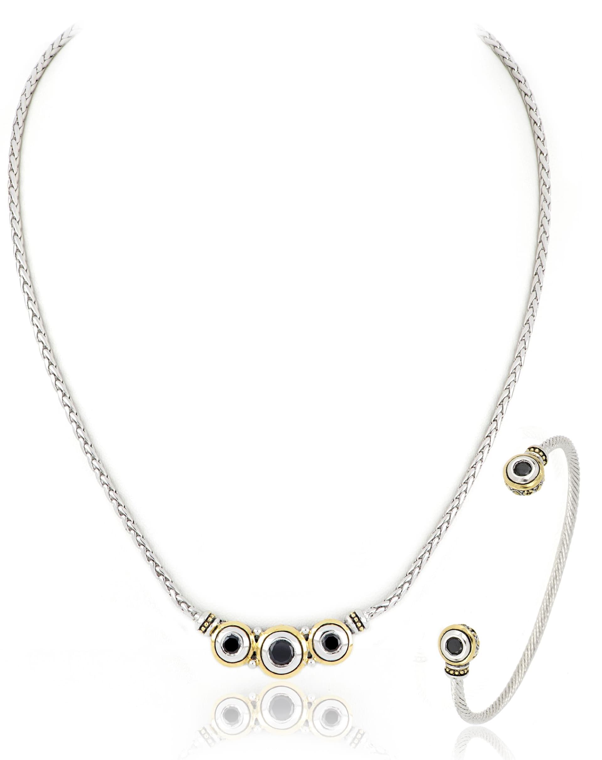Beijios 3 Stone Necklace & Two Stone Large Cuff Bracelet, Black CZ - N5028-A503 & B5029-A500