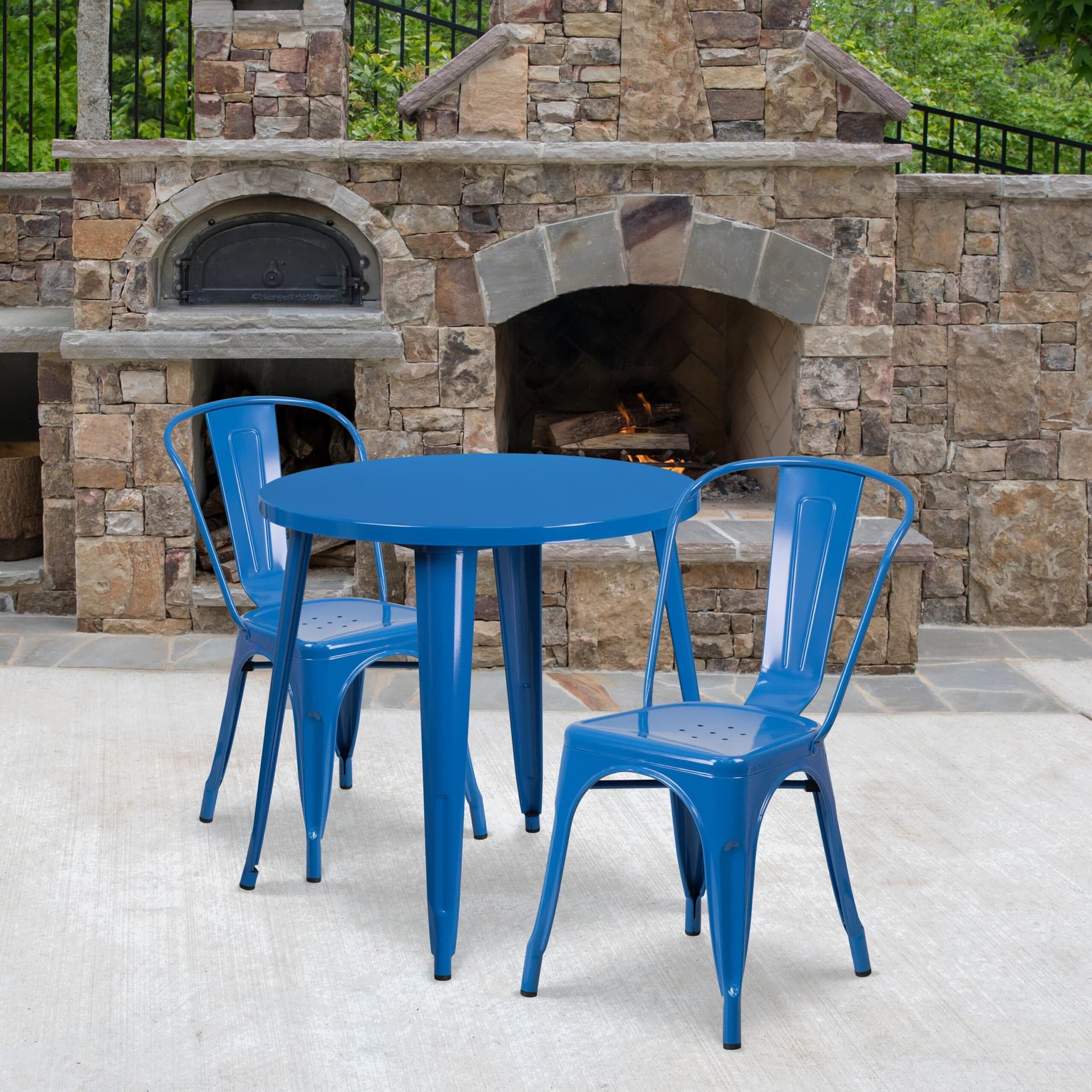30" Round Blue Metal Indoor-Outdoor Table Set with 2 Cafe Chairs