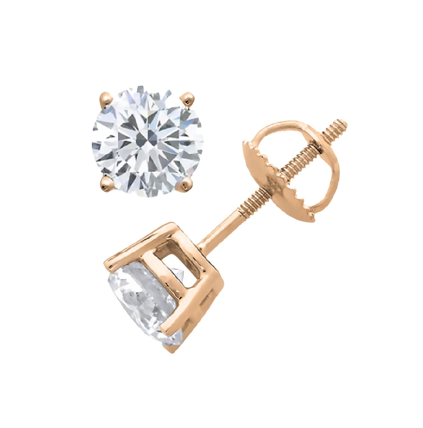 PARIKHS Round Prime Diamond Screw Back Stud 14K Rose Gold 0.06ct IJK Color,I1 Clarity