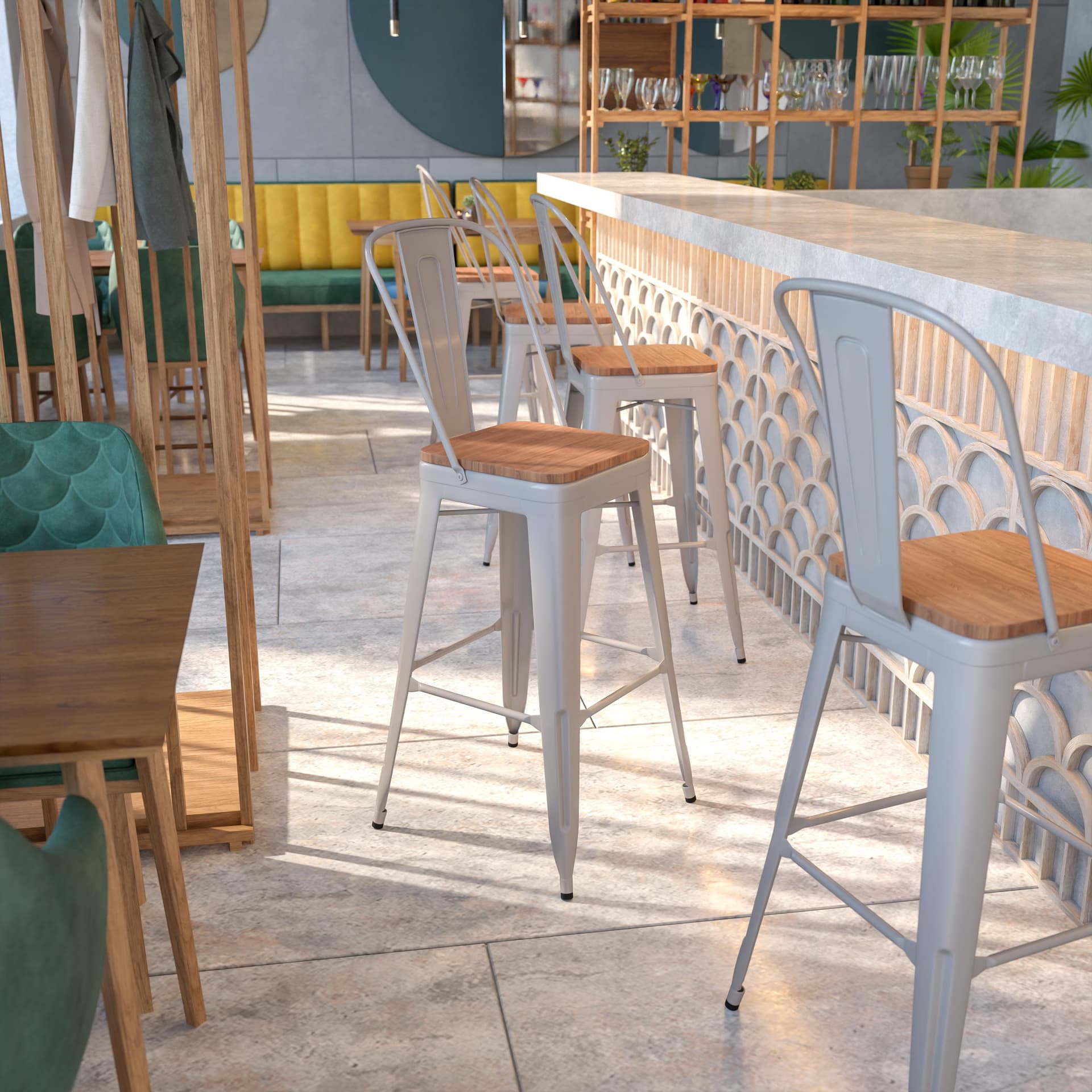 30" High Silver Metal Barstool with Back and Wood Seat - Kitchen Furniture