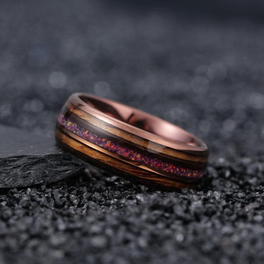 Ringo - Tungsten + Koa Wood & Crushed Fire Opal Ring Size 11