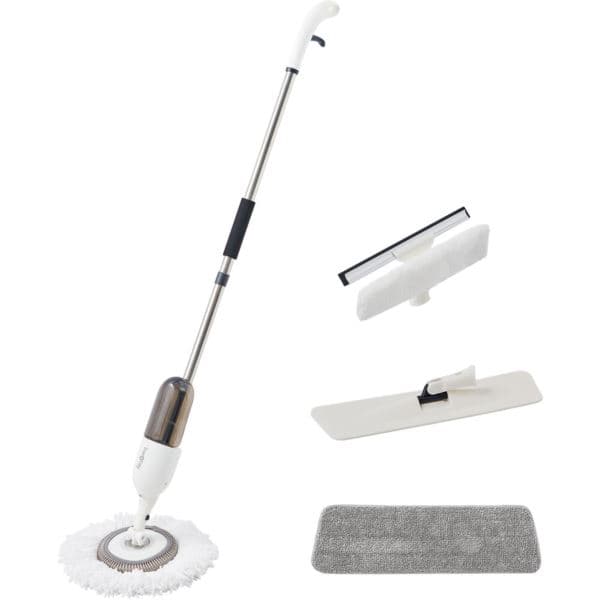 Clean Everywhere Spray Mop Kit with 360-Degree Swivel Head and Window Squeegee, White