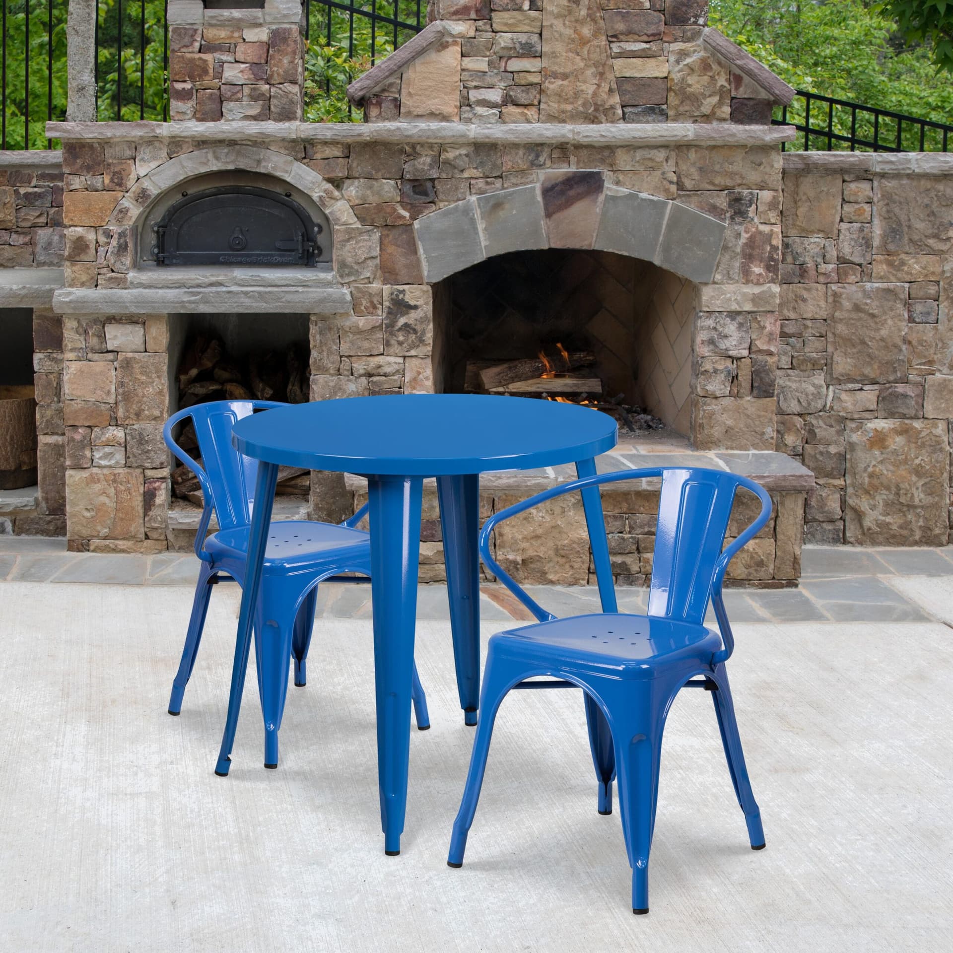 30" Round Blue Metal Indoor-Outdoor Table Set with 2 Arm Chairs