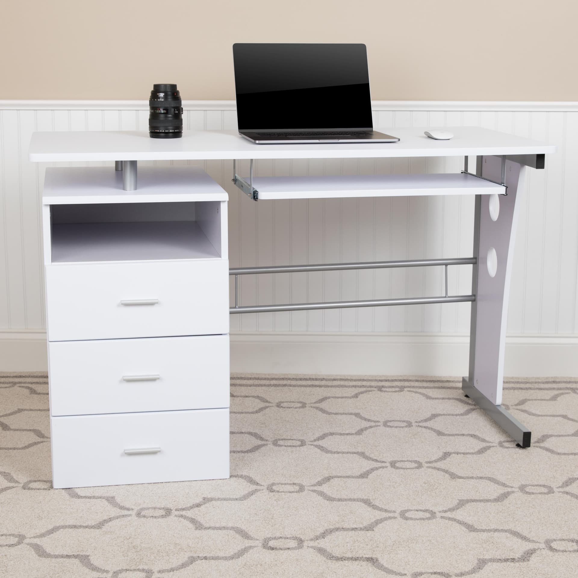 White Desk with Three Drawer Single Pedestal and Pull-Out Keyboard Tray