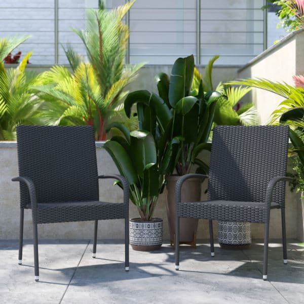 Indoor/Outdoor Stacking Steel Framed Gray Wicker Dining Armchairs - 2 Pack