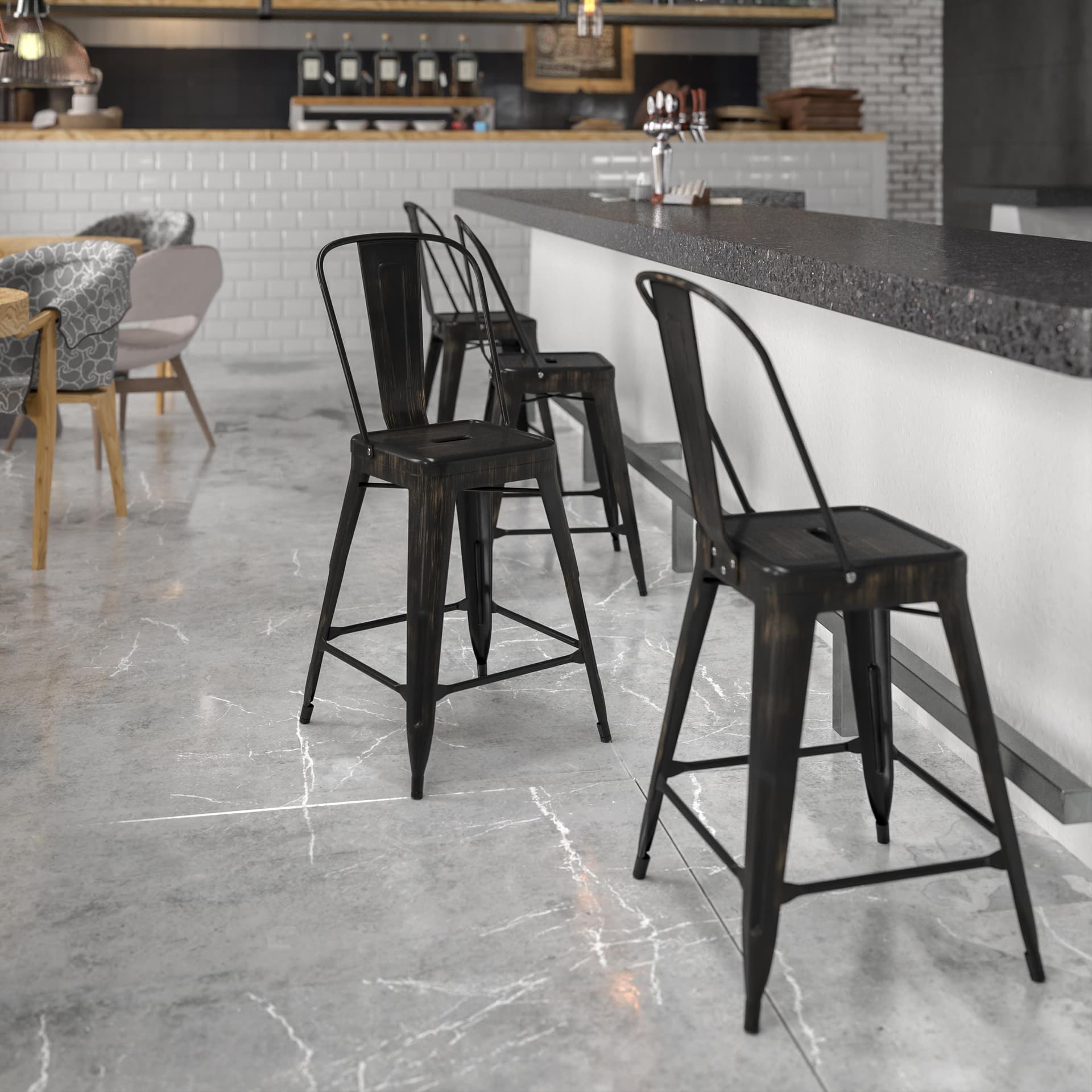 24" High Black-Antique Gold Metal Indoor-Outdoor Counter Height Stool with Back