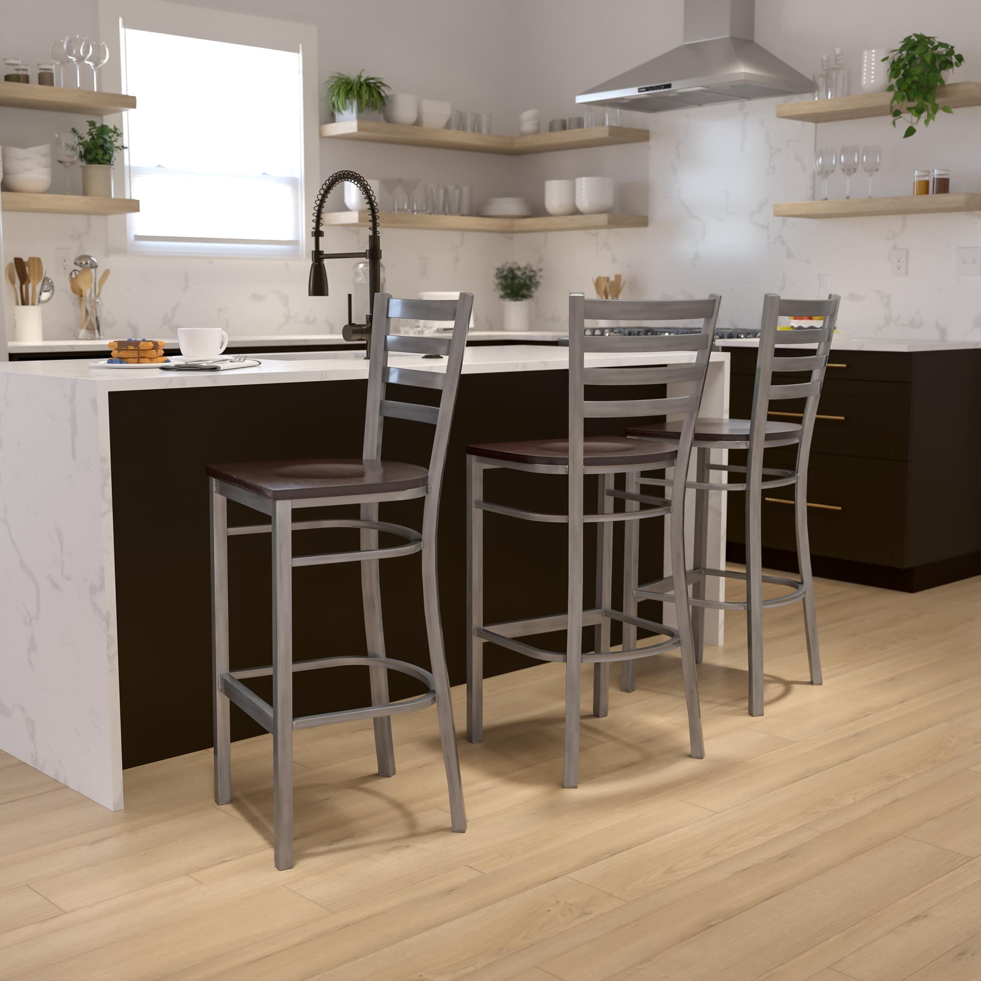 Clear Coated Ladder Back Metal Restaurant Barstool - Walnut Wood Seat