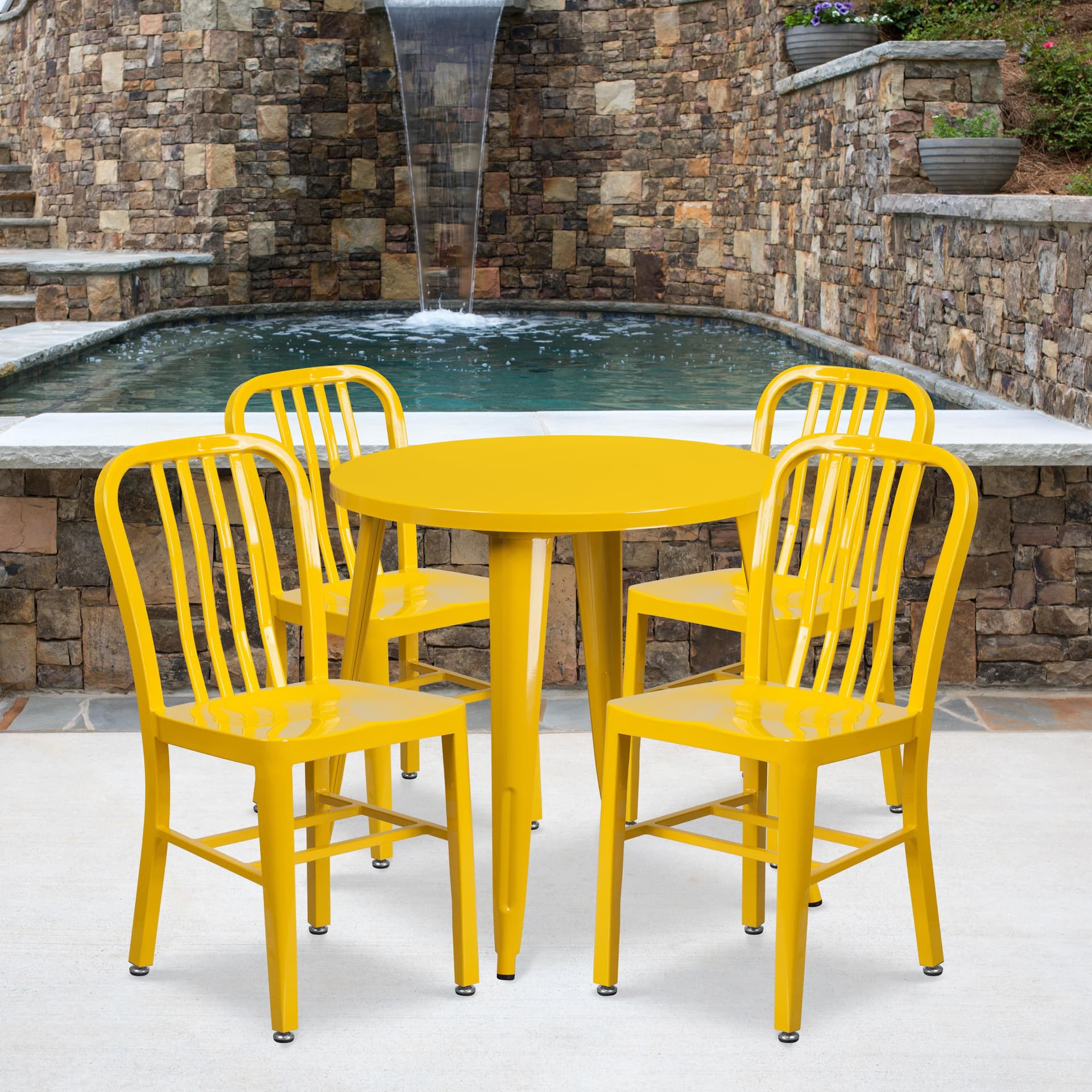 30" Round Yellow Metal Indoor-Outdoor Table Set with 4 Vertical Slat Back Chairs