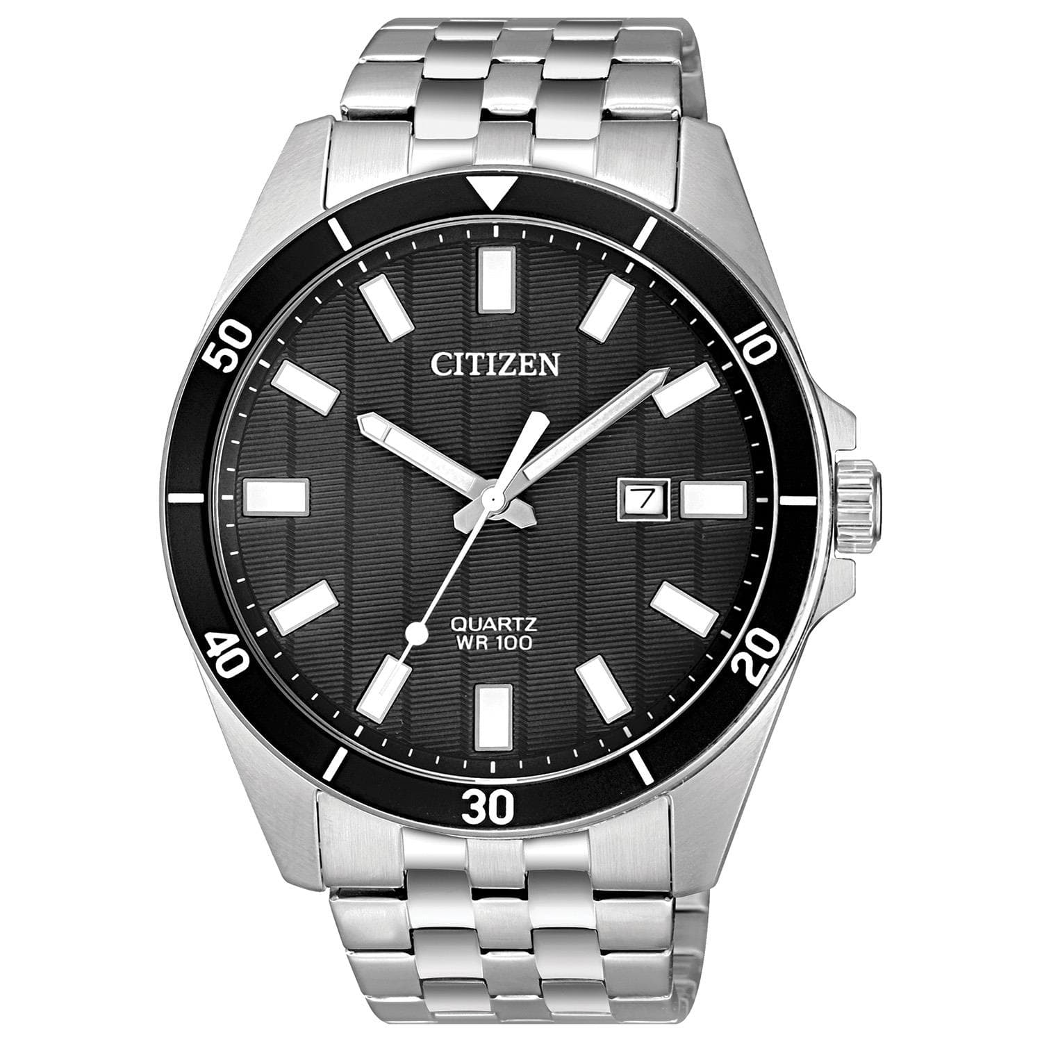 Mens Quartz Silver-Tone Stainless Steel Watch Black Dial