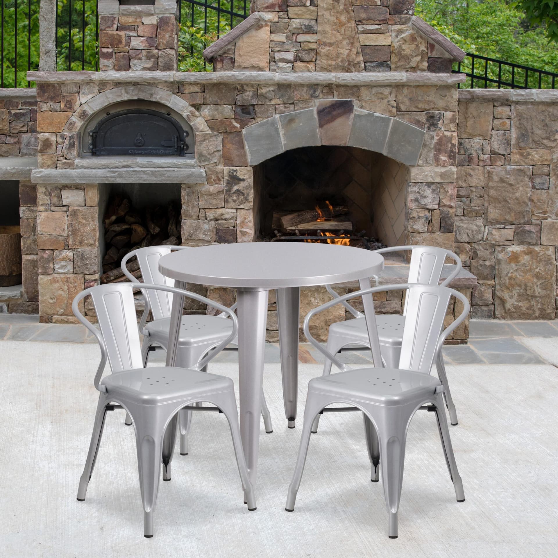 30" Round Silver Metal Indoor-Outdoor Table Set with 4 Arm Chairs