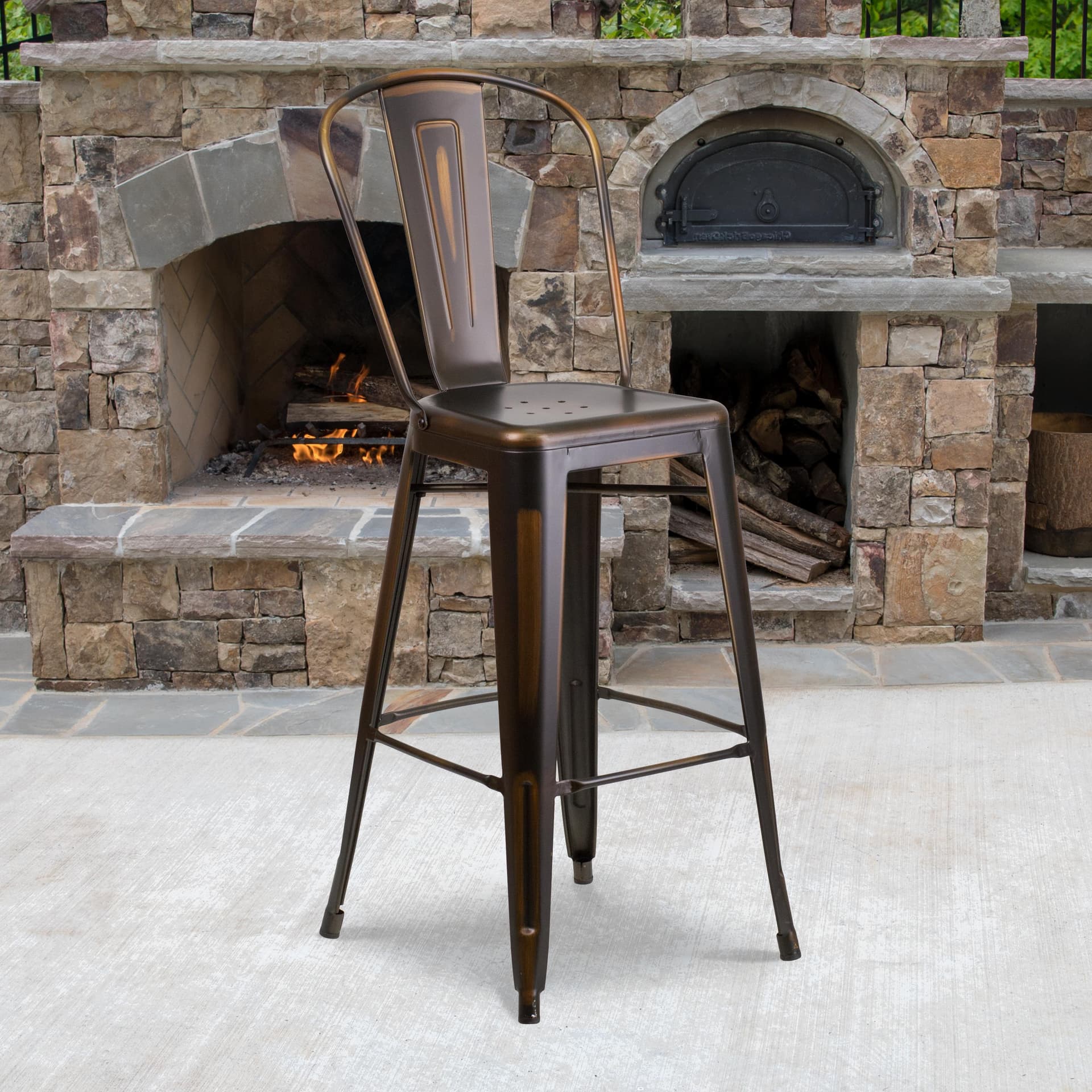 30" High Distressed Copper Metal Indoor-Outdoor Barstool with Back