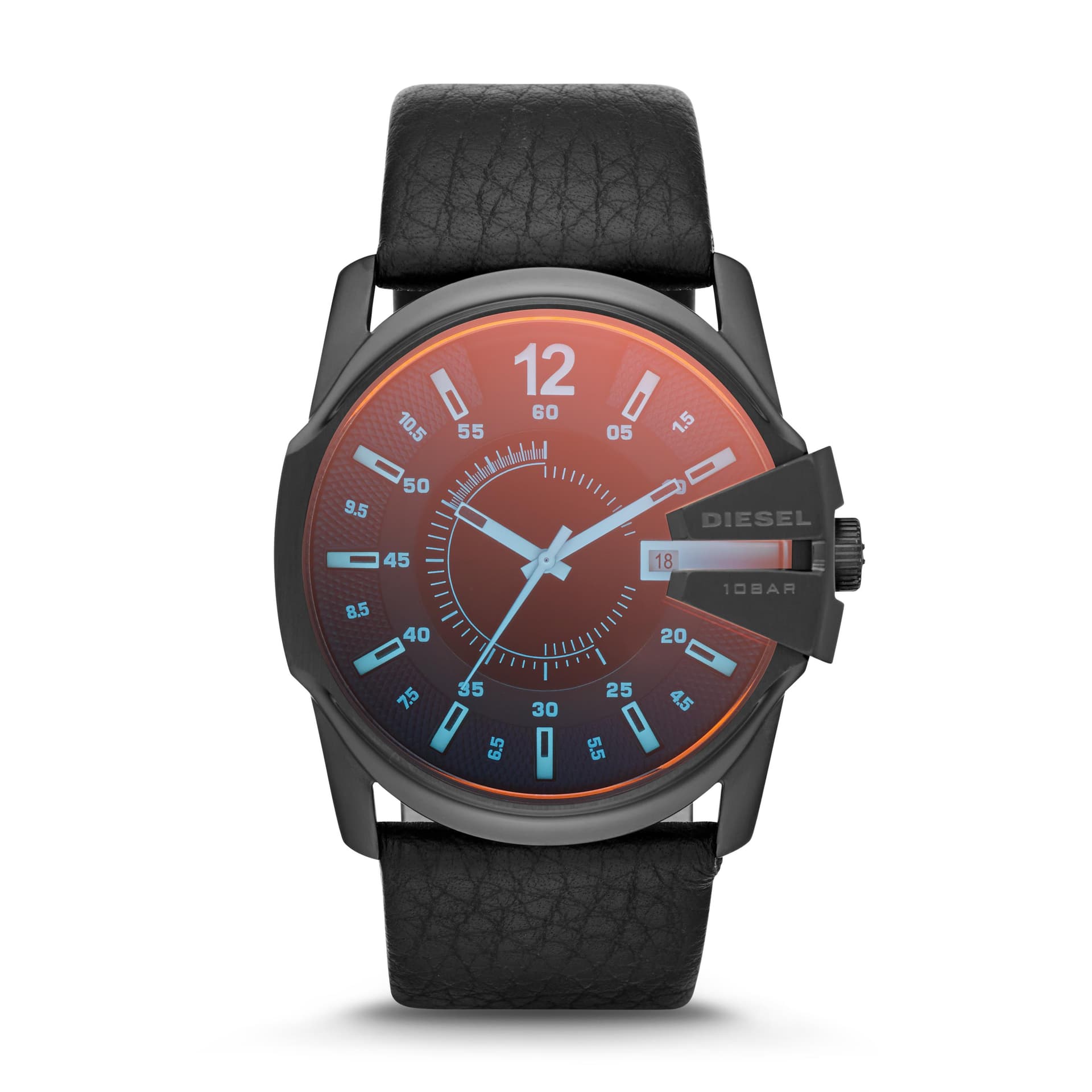 Mens Master Chief Black Leather Strap Watch Iridescent Dial