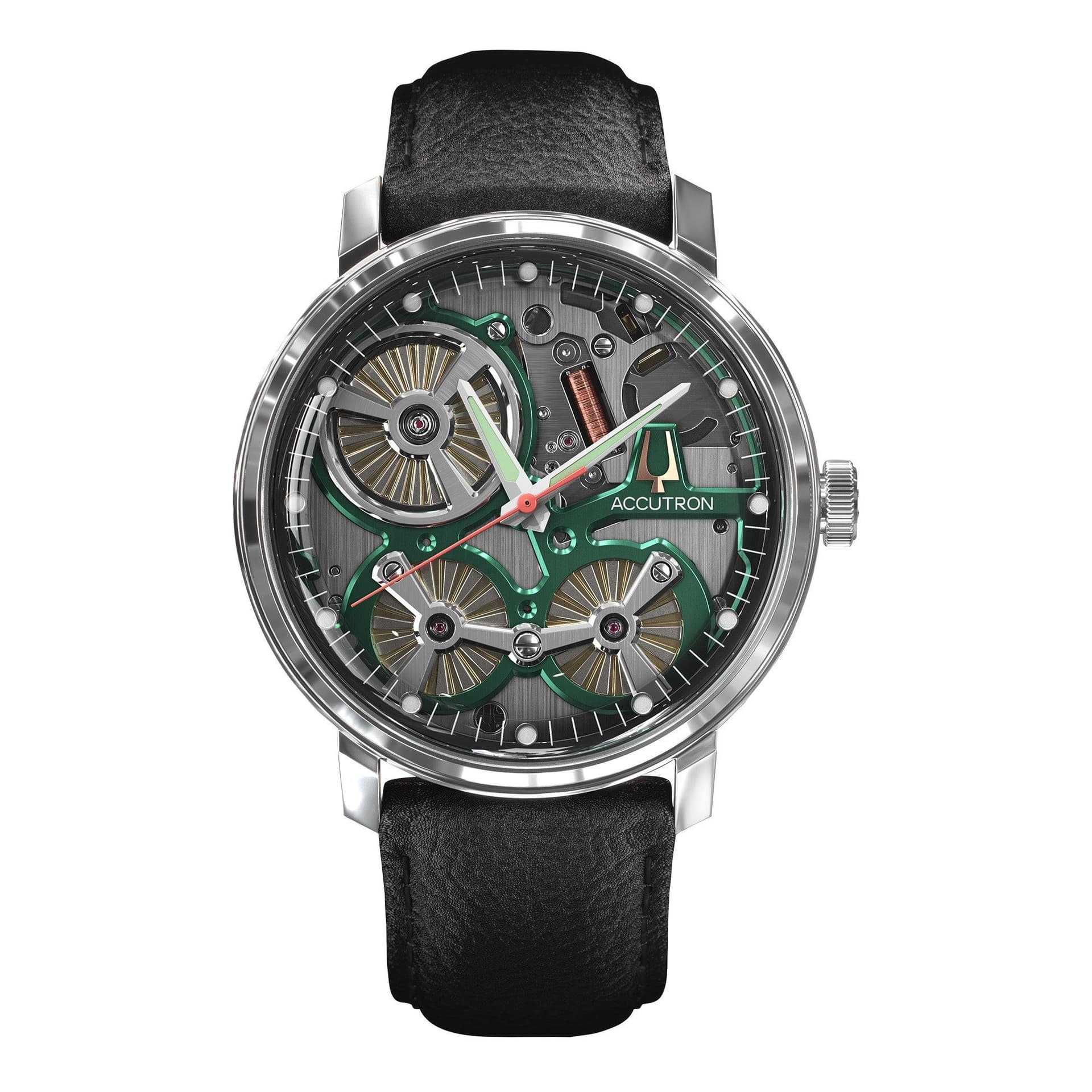 Men's Spaceview Black Leather strap watch with green dial