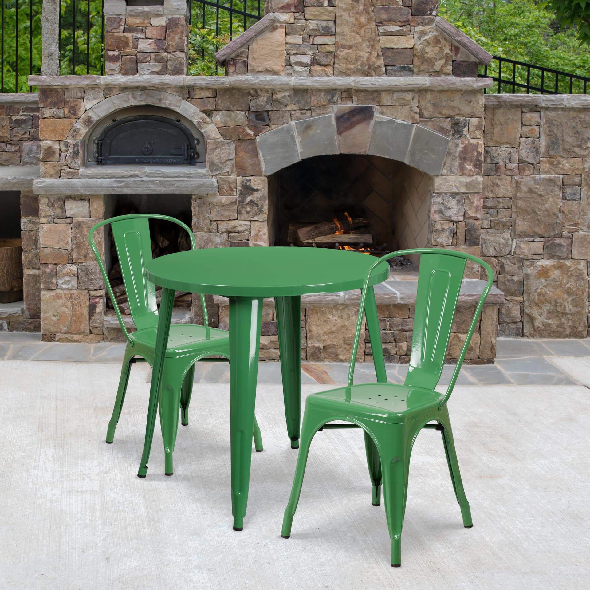 30" Round Green Metal Indoor-Outdoor Table Set with 2 Cafe Chairs