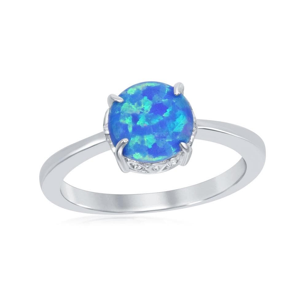 Sterling Silver Four-Prong Round Blue Inlay Opal Ring. Size 8
