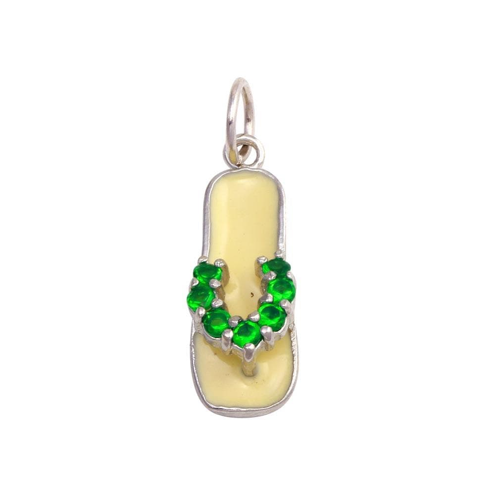 PARIKHS Rhodium Plated White Enamel Green CZ Sandal Pendant with chain in 925 Sterling Silver