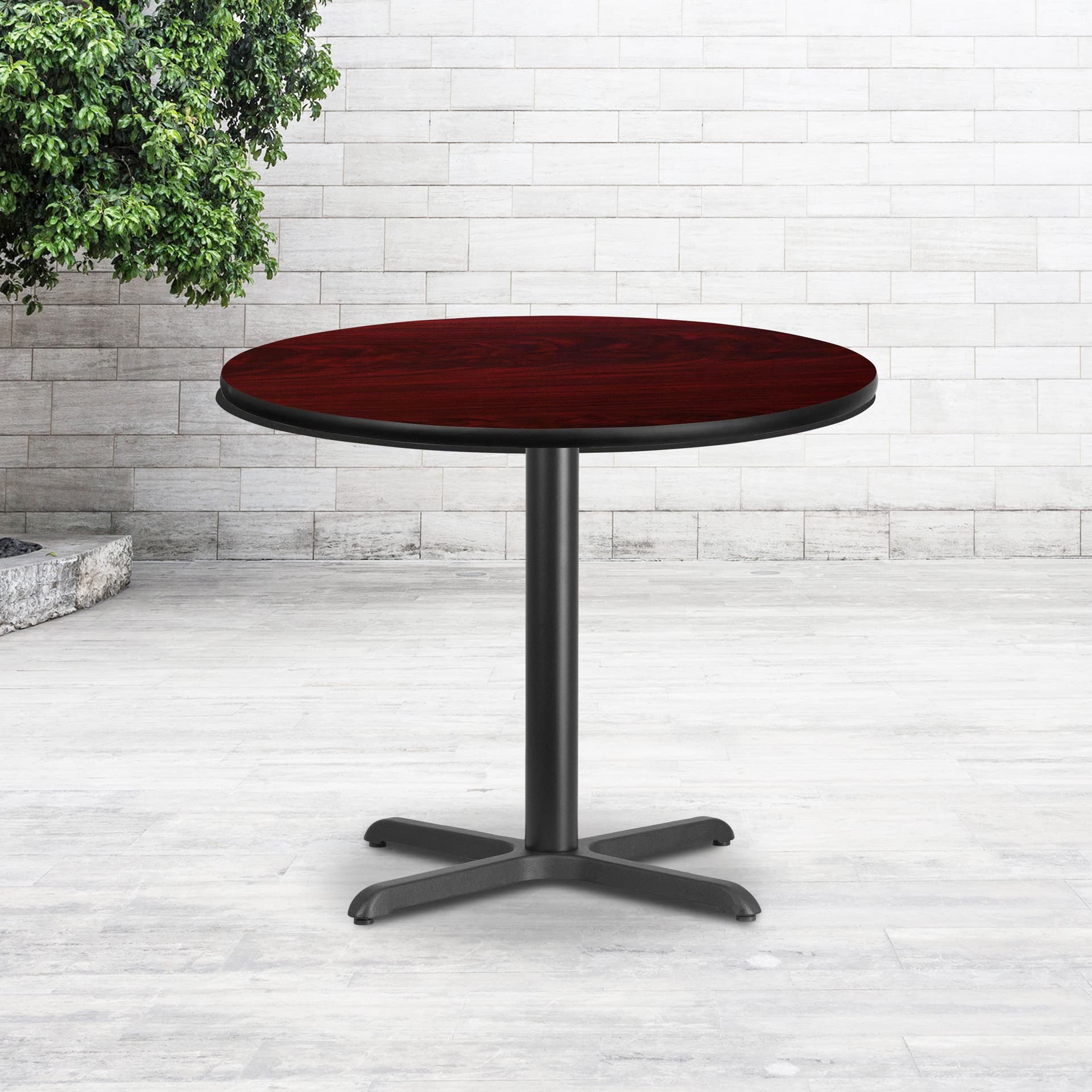 36" Round Mahogany Laminate Table Top with 30" x 30" Table Height Base