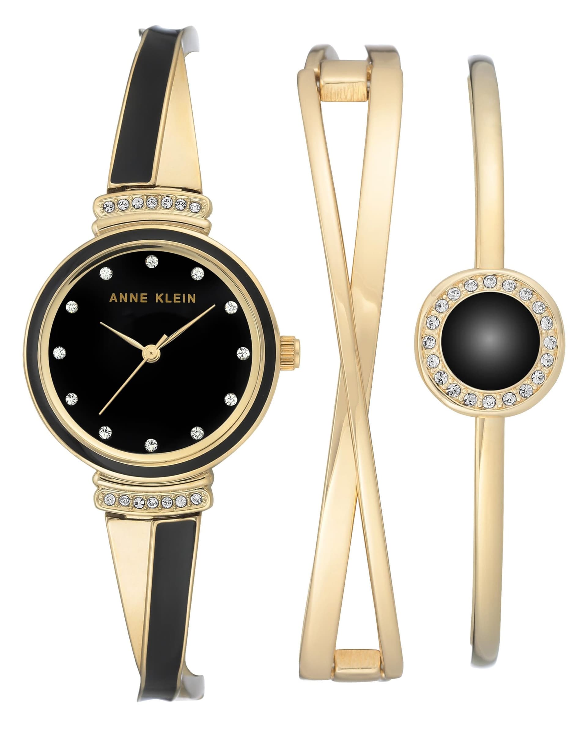 Women's Black and Gold Bracelet Watch Set
