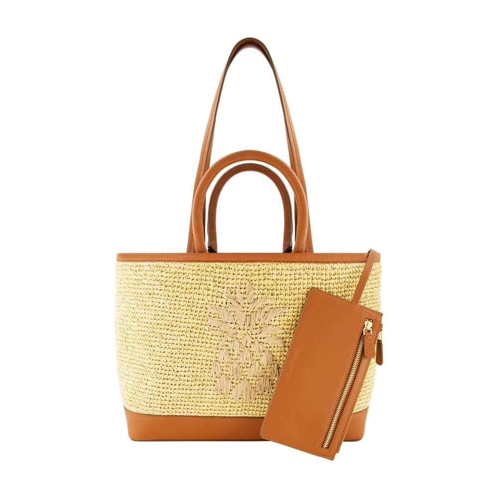 Leather Trim Raffia Tote w/ Wallet Size 11"