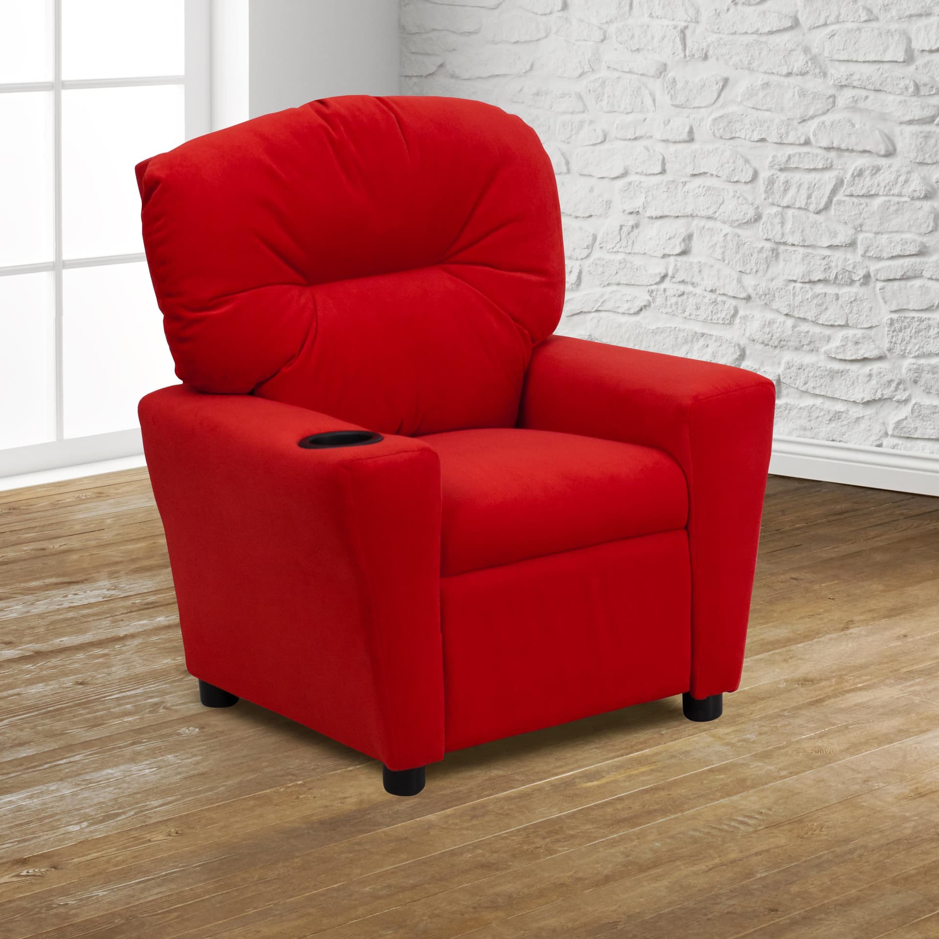 Contemporary Red Microfiber Kids Recliner with Cup Holder - Hardwood Frame