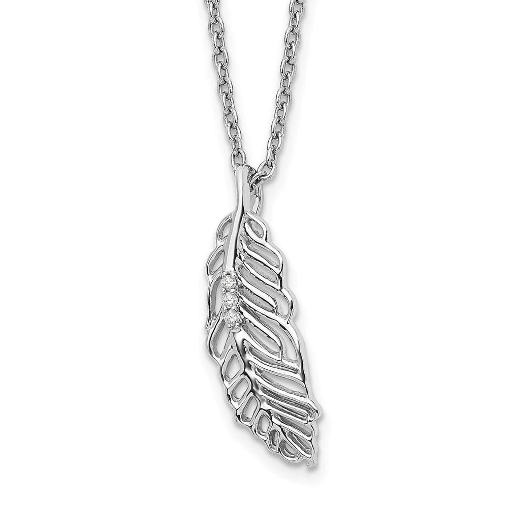 Sterling Silver Rhodium Plated White Ice Diamond Feather Necklace
