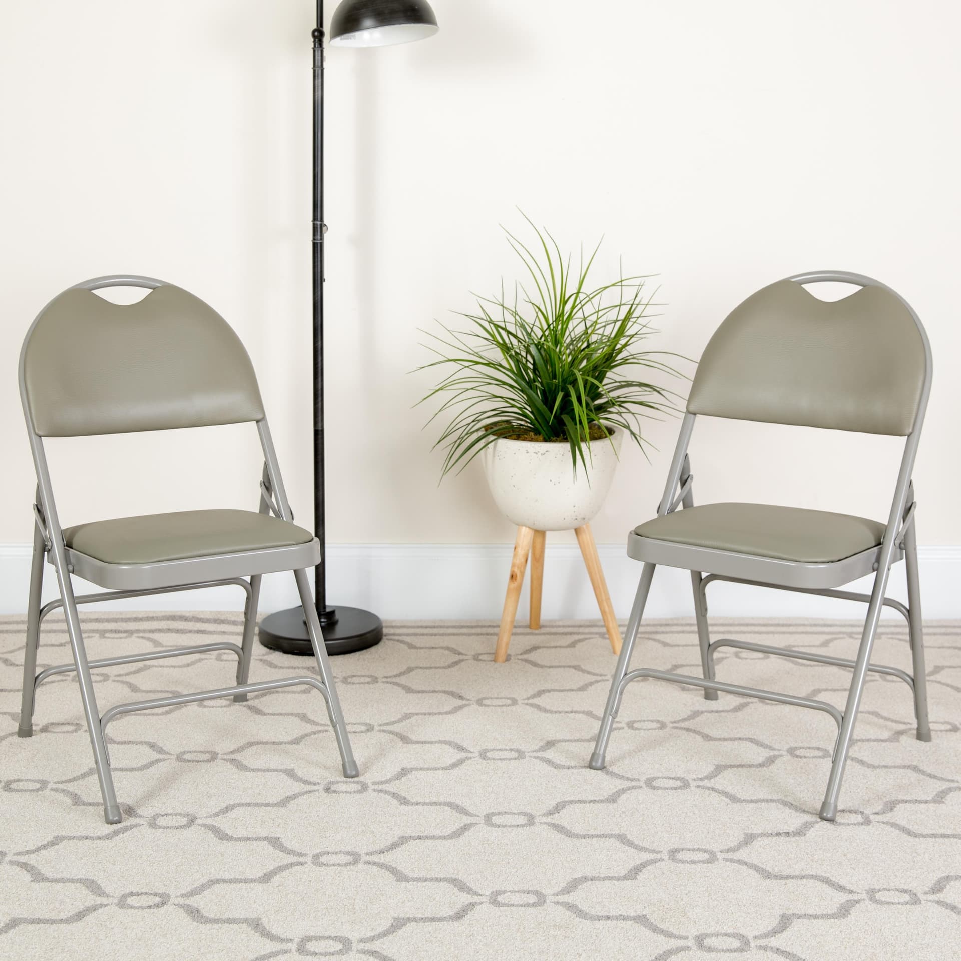 2PK Ultra-Premium Triple Braced Gray Vinyl Folding Chair with Easy-Carry Handle