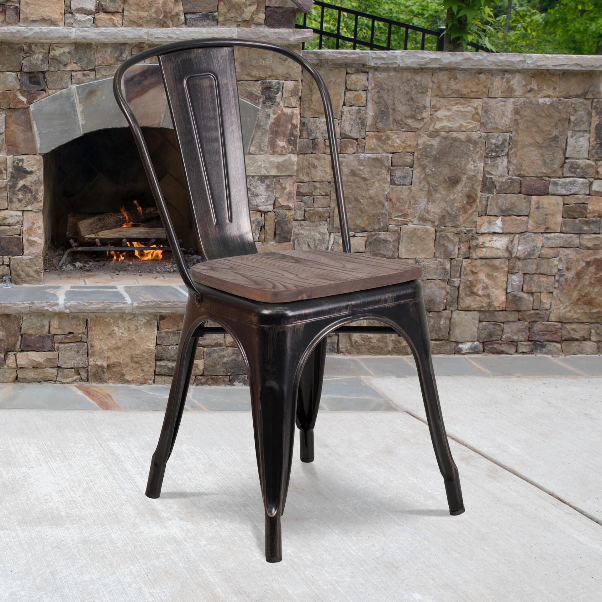 Black-Antique Gold Metal Stackable Chair with Wood Seat - Restaurant Chair