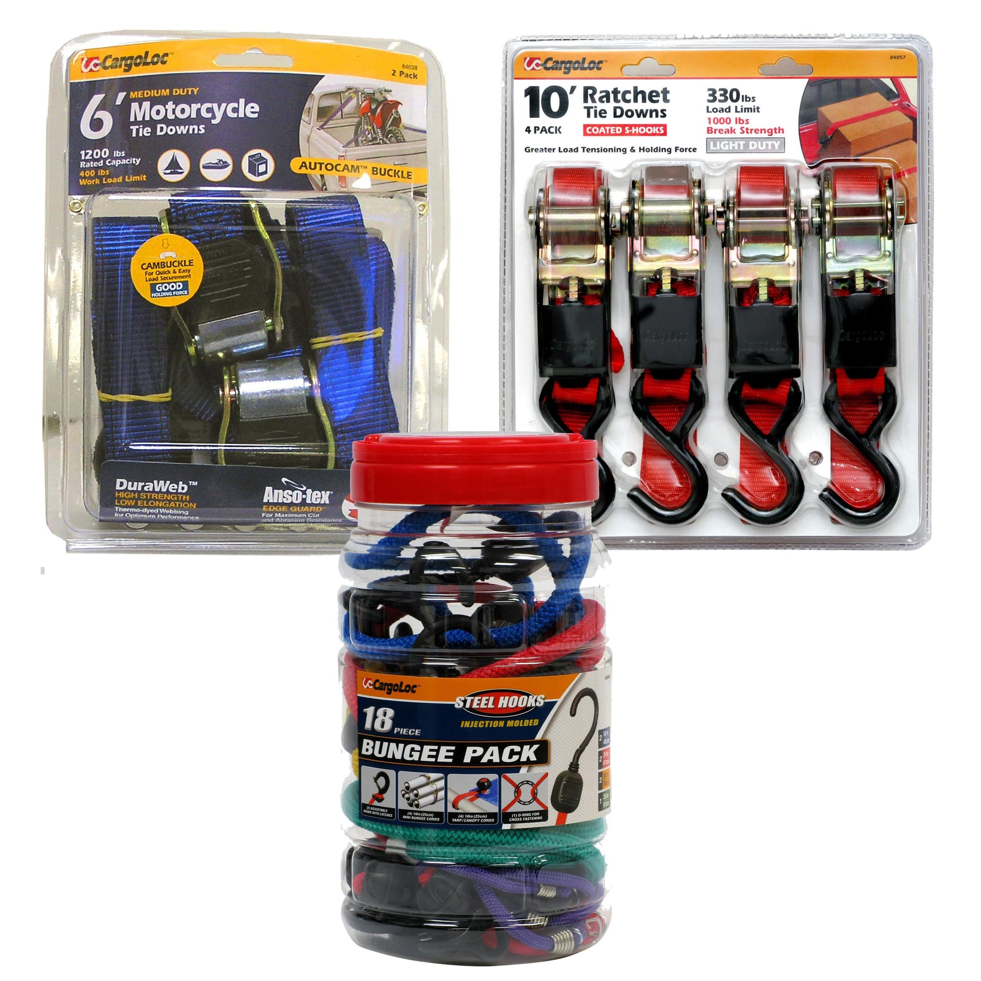 CargoLoc 18-Piece Bungee Pack & Ratchet Tie-Down Package