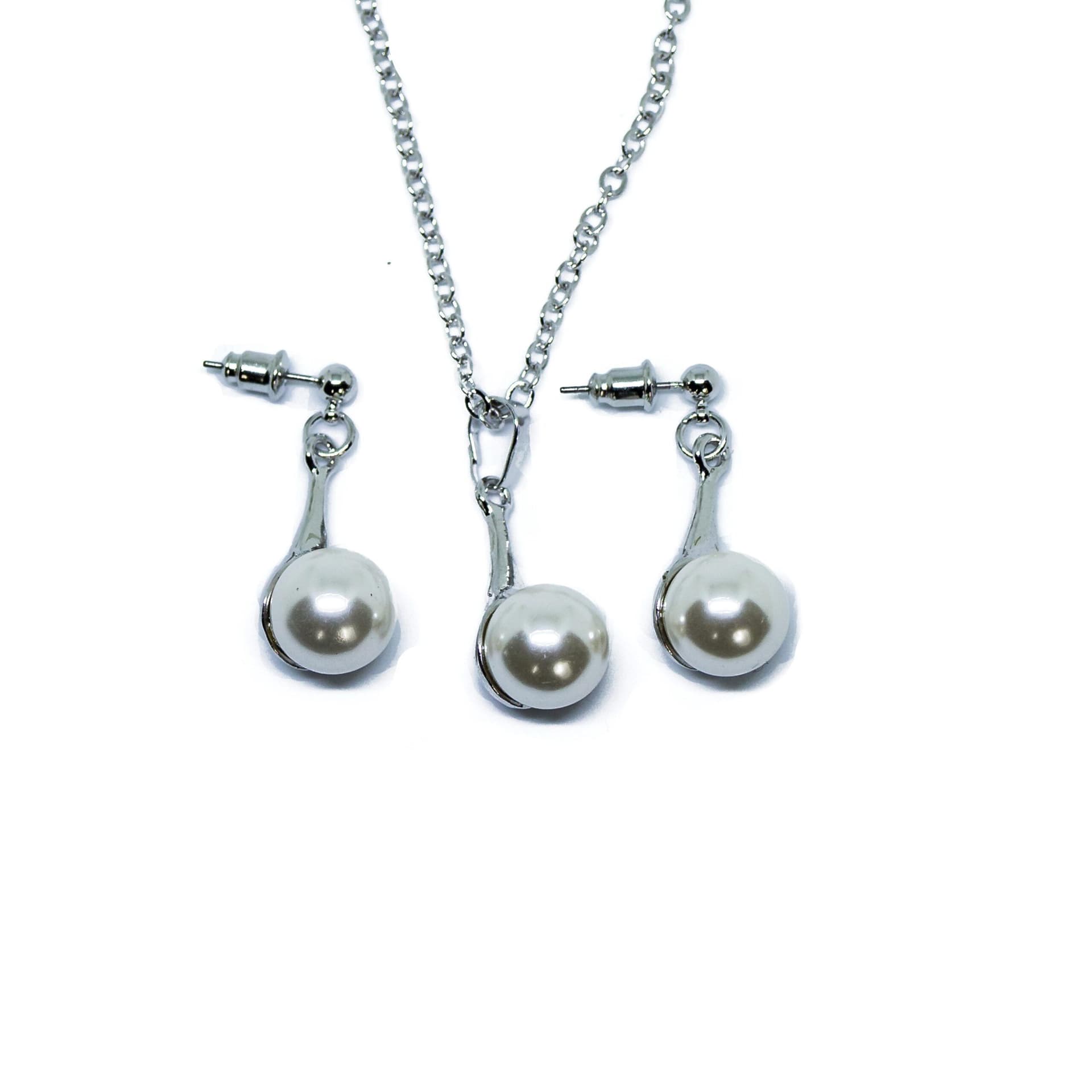 Silver Tone and Pearl Teardrop Necklace and Earring Set