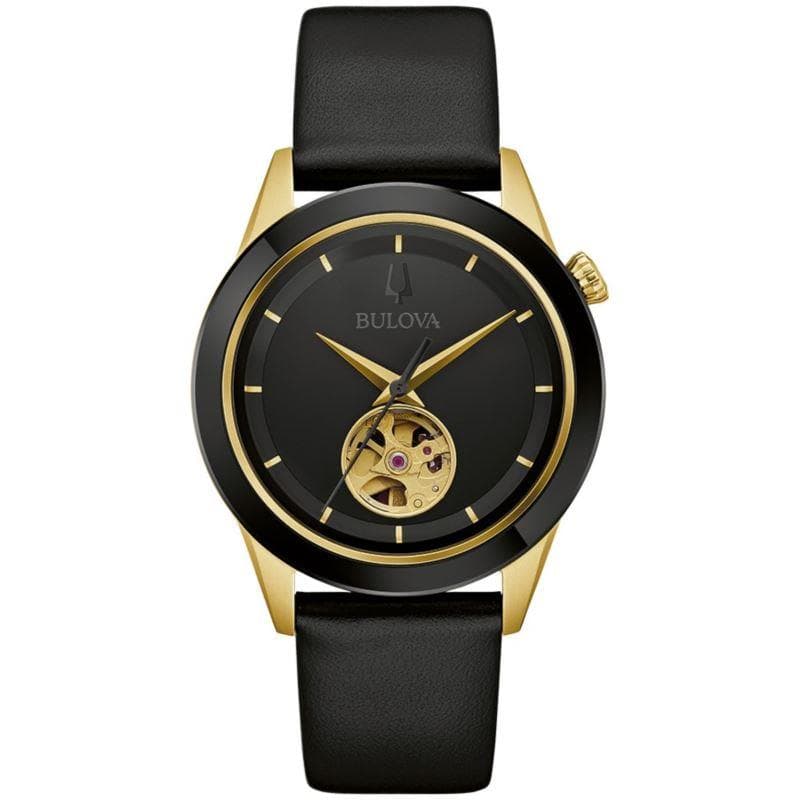 Mens Apollo Automatic Gold & Black Leather Strap Watch Black Dial