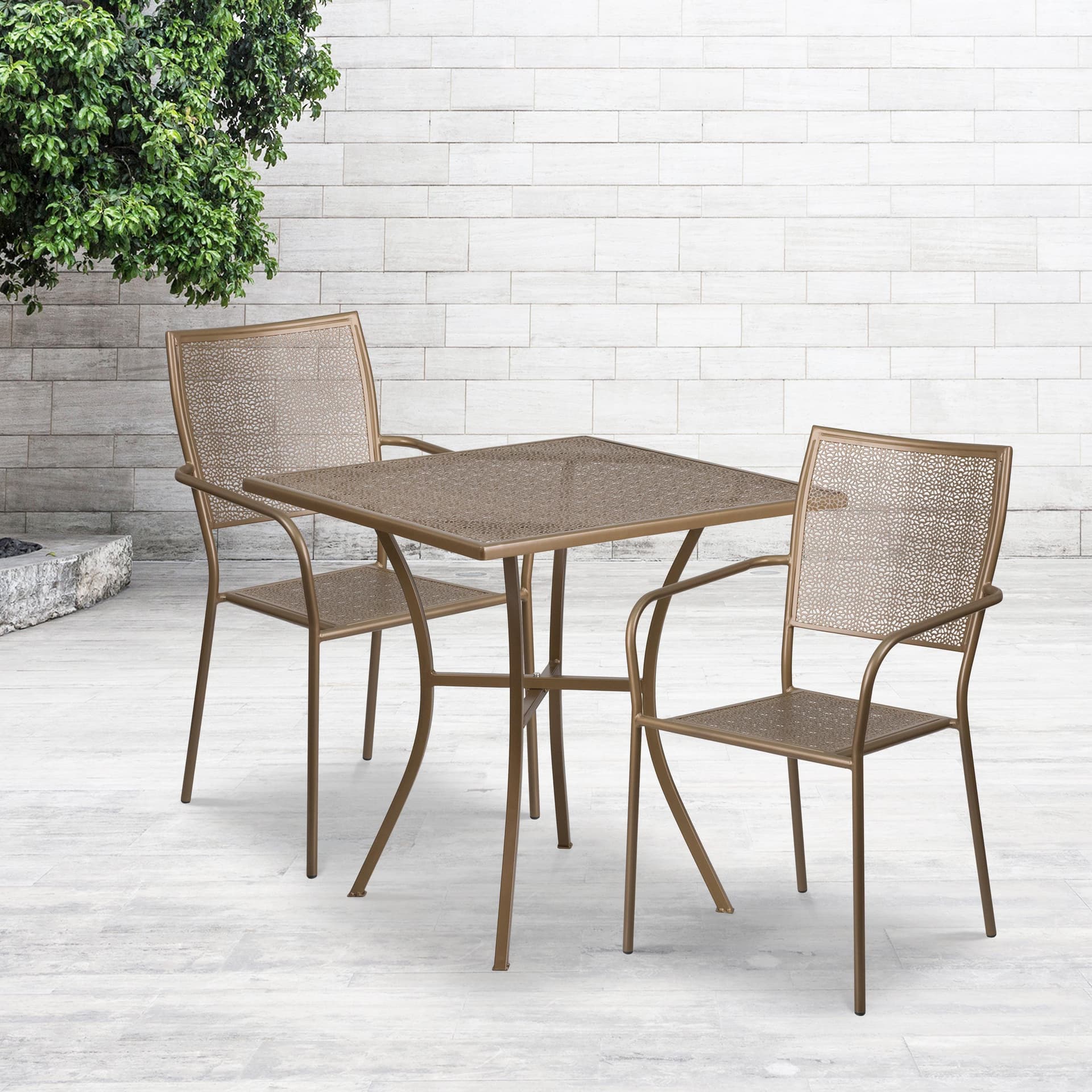 28" Square Gold Indoor-Outdoor Steel Patio Table Set with 2 Square Back Chairs