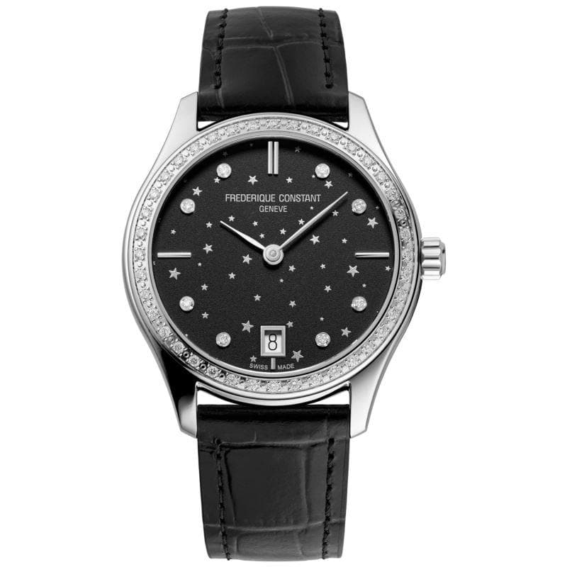 Frederique Constant Ladies Quartz Leather Strap watch, Black dial