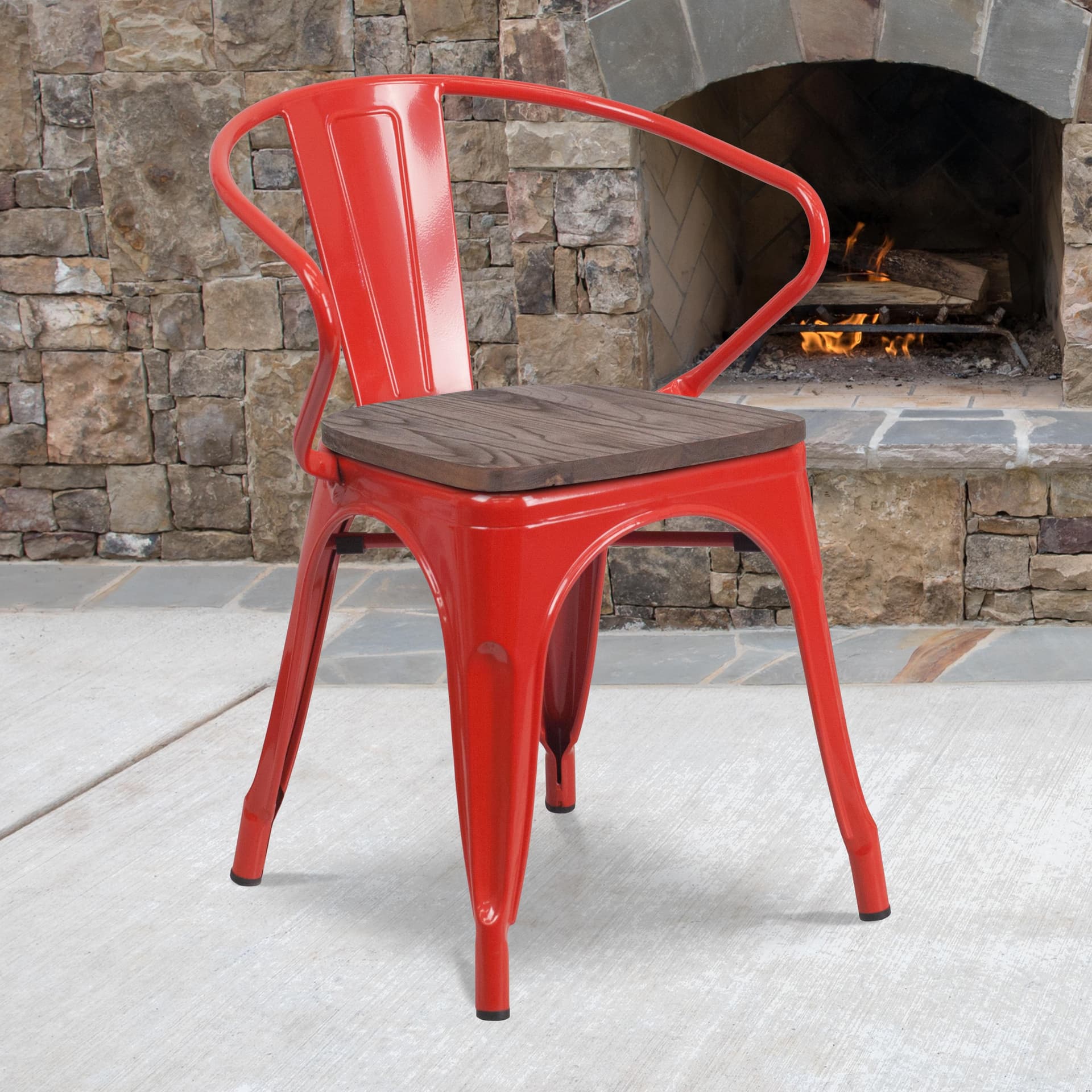 Red Metal Chair with Wood Seat and Arms - Restaurant Furniture