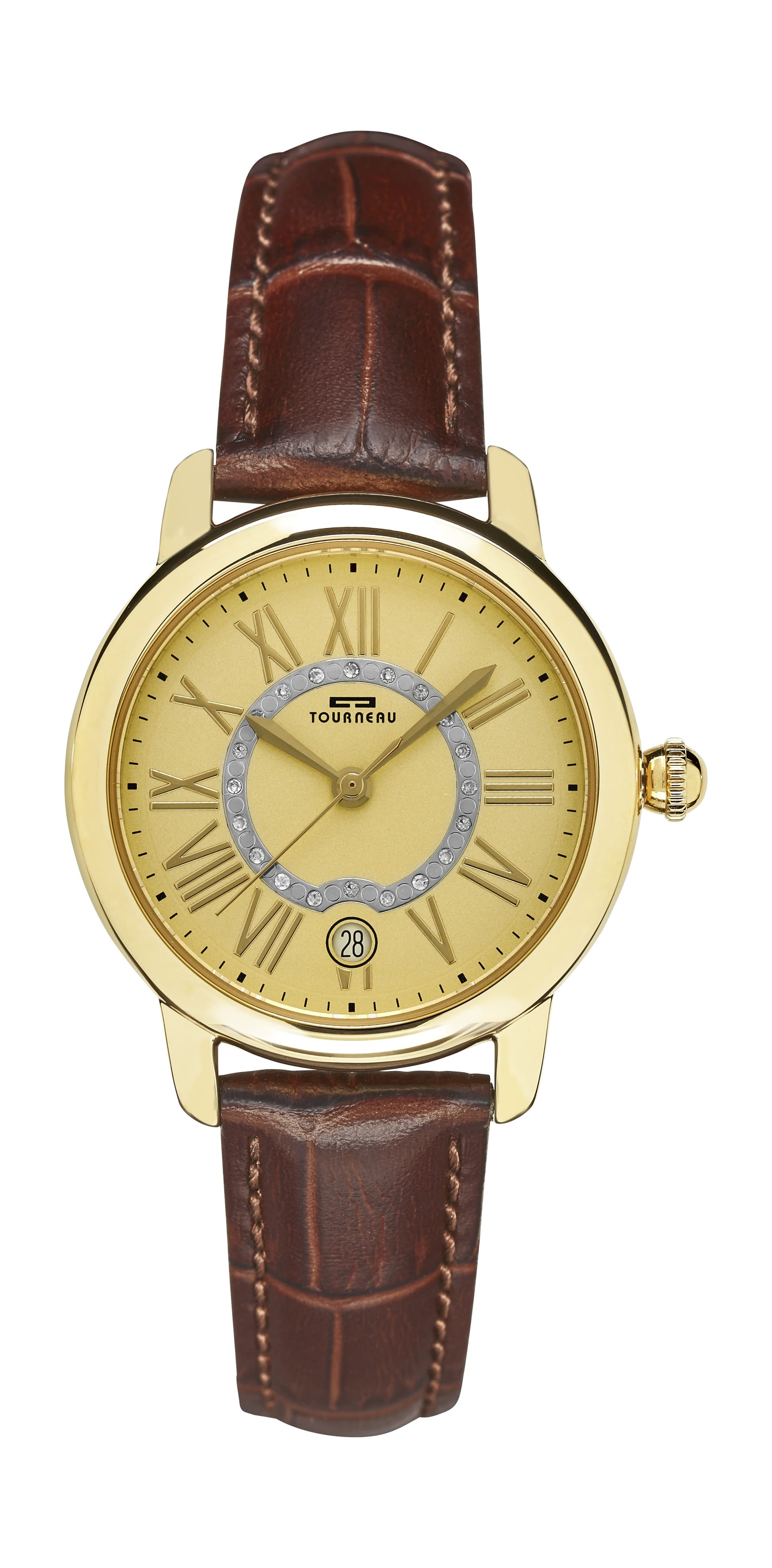 Ladies 34mm Gold Tone Watch on a Brown Leather Strap