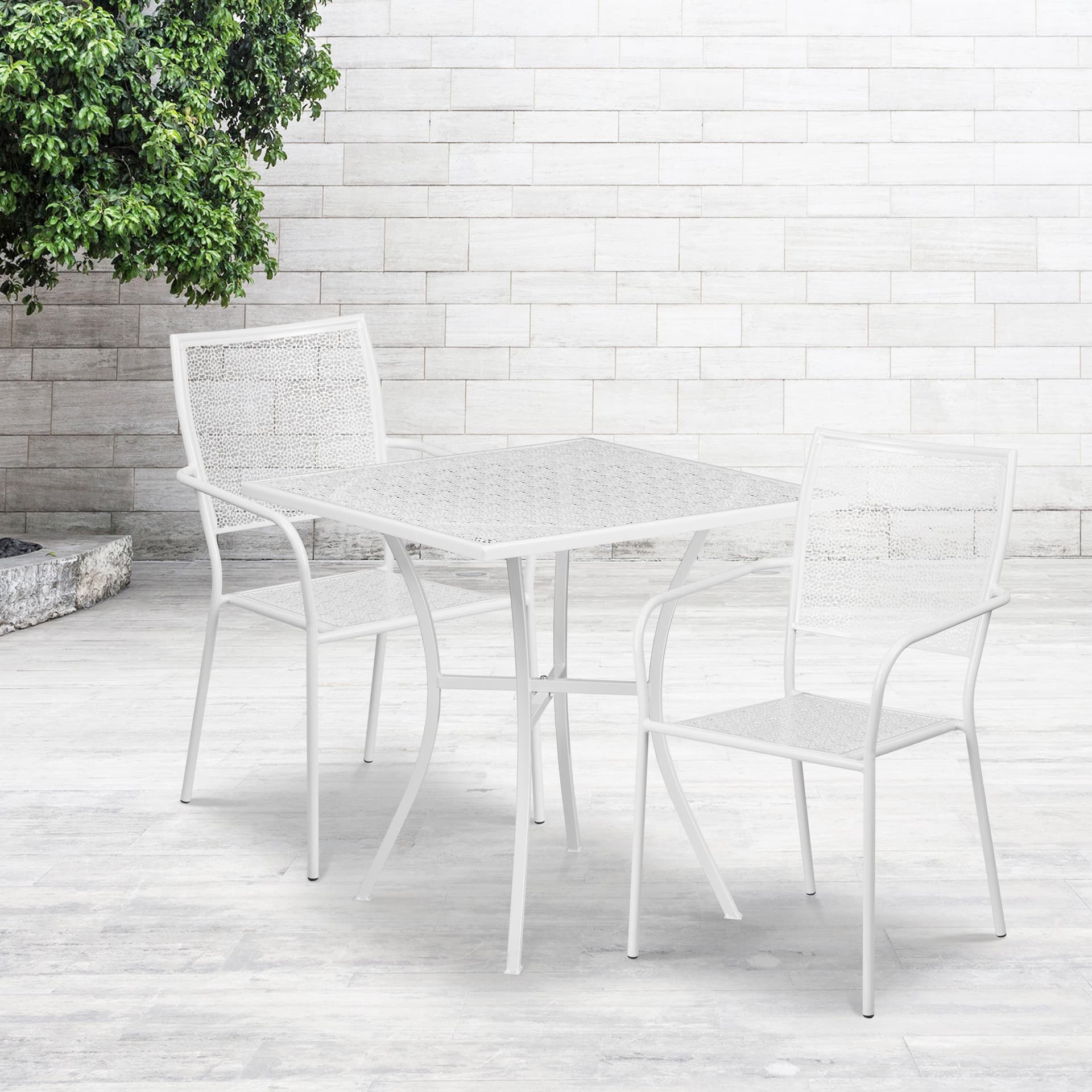 28" Square White Indoor-Outdoor Steel Patio Table Set with 2 Square Back Chairs