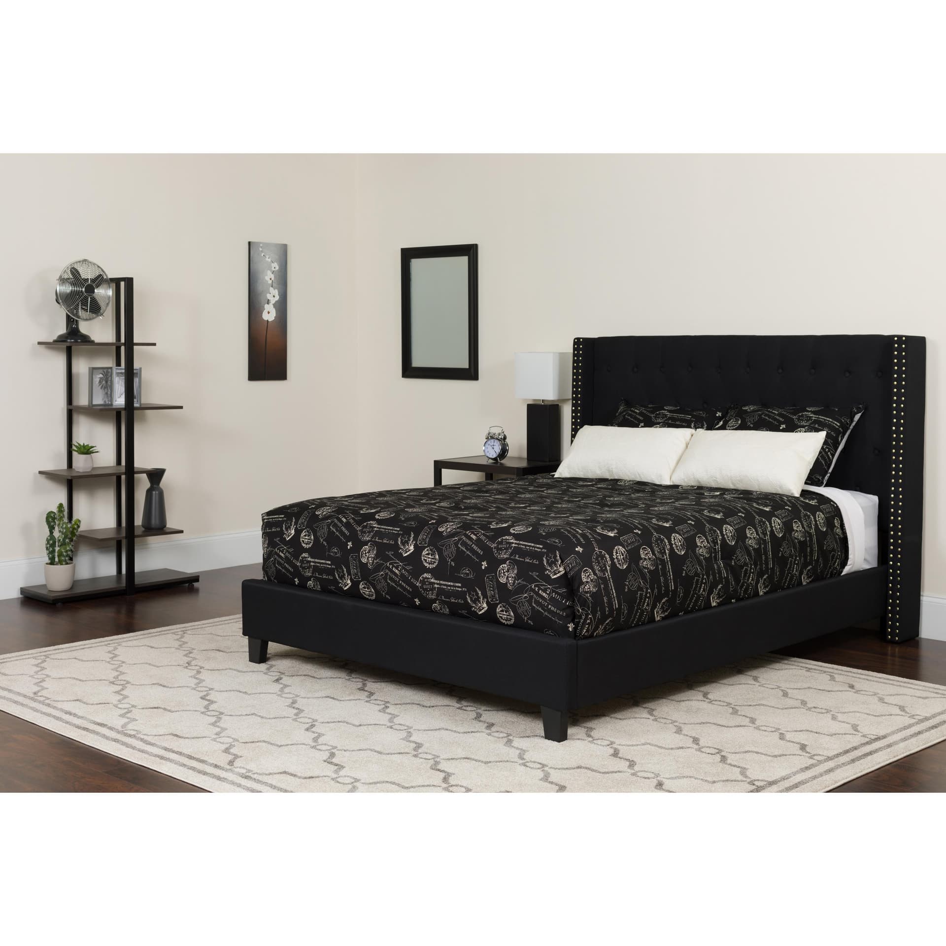 Full Size Tufted Black Fabric Platform Bed w/ Accent Nail Trimmed Extended Sides
