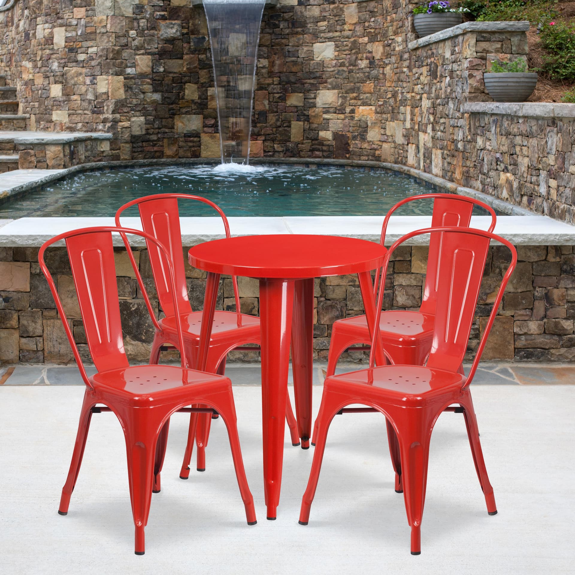 24" Round Red Metal Indoor-Outdoor Table Set with 4 Cafe Chairs