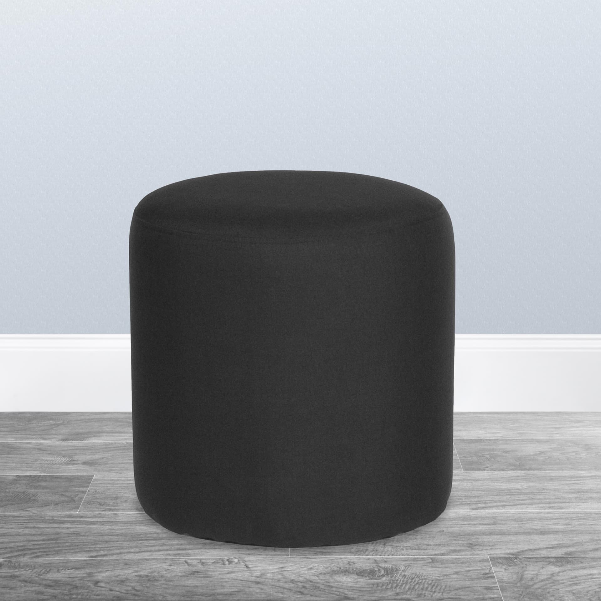 Taut Upholstered Round Ottoman Pouf in Black Fabric
