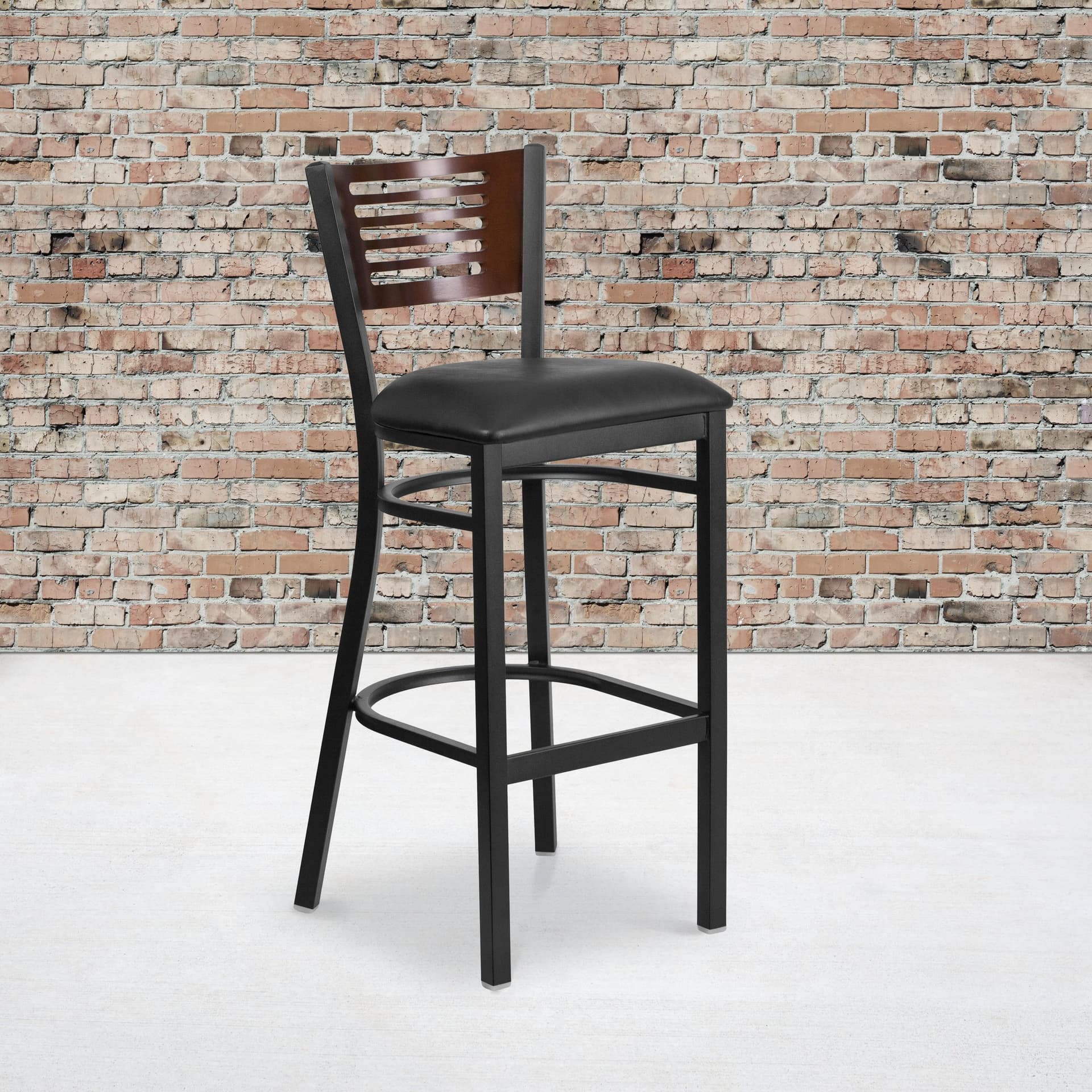 Black Slat Back Metal Restaurant Barstool - Walnut Wood Back, Black Vinyl Seat