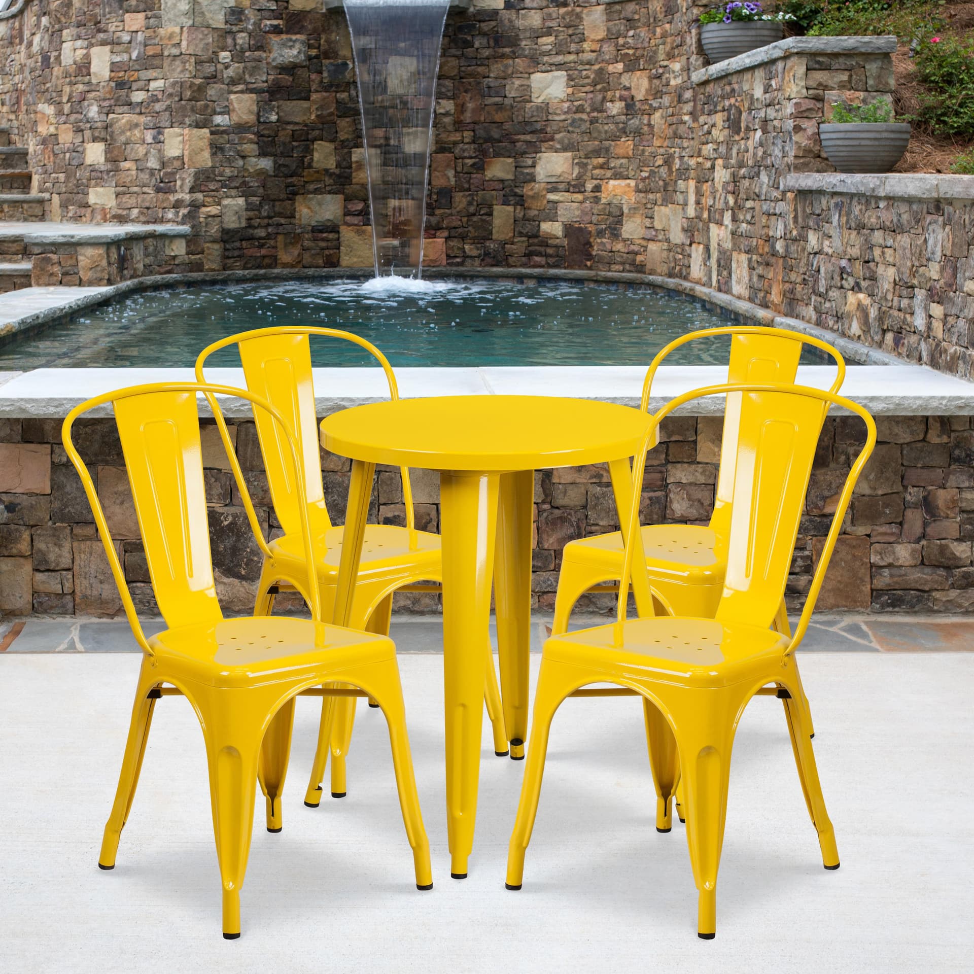 24" Round Yellow Metal Indoor-Outdoor Table Set with 4 Cafe Chairs