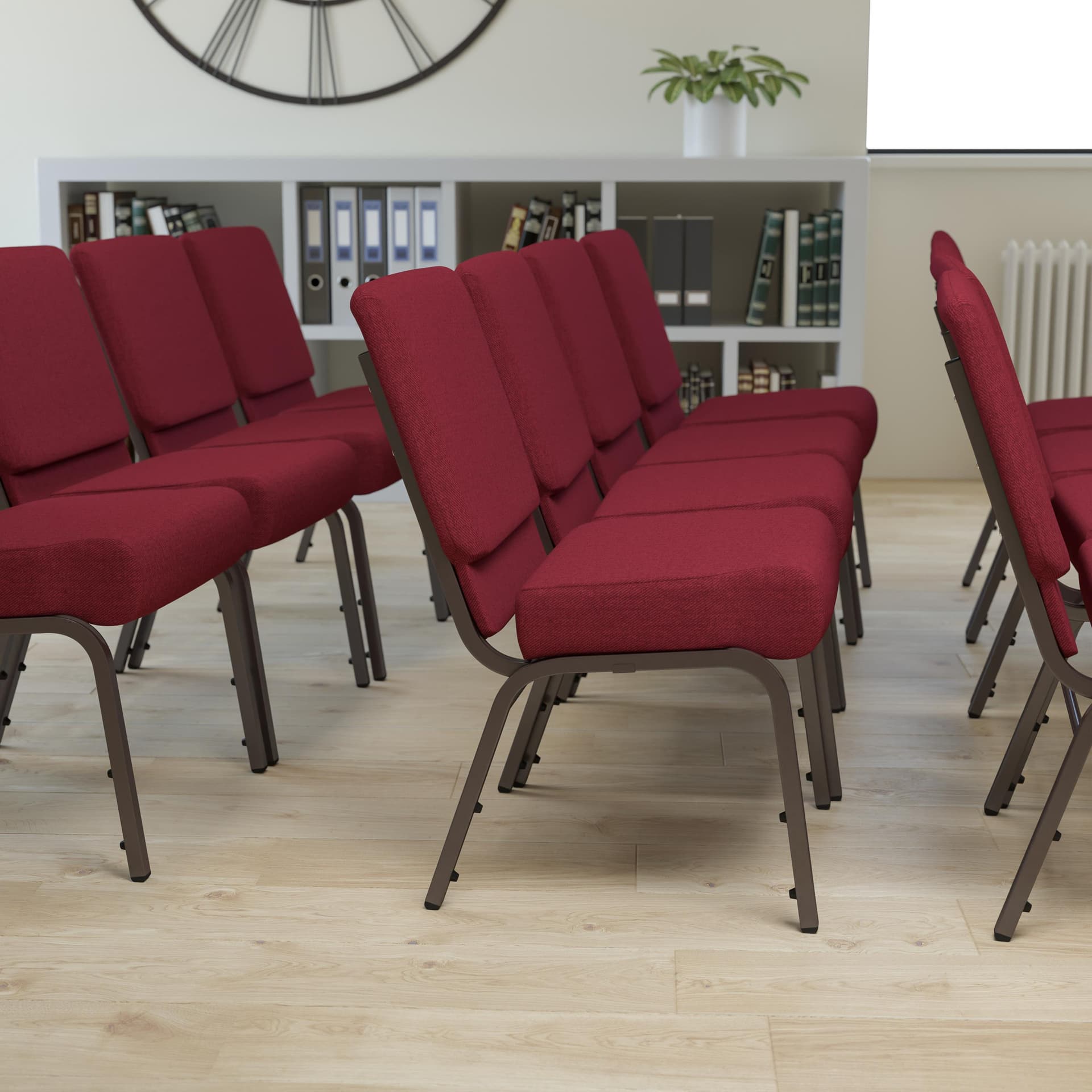 21"W Stacking Church Chair in Burgundy Fabric - Gold Vein Frame