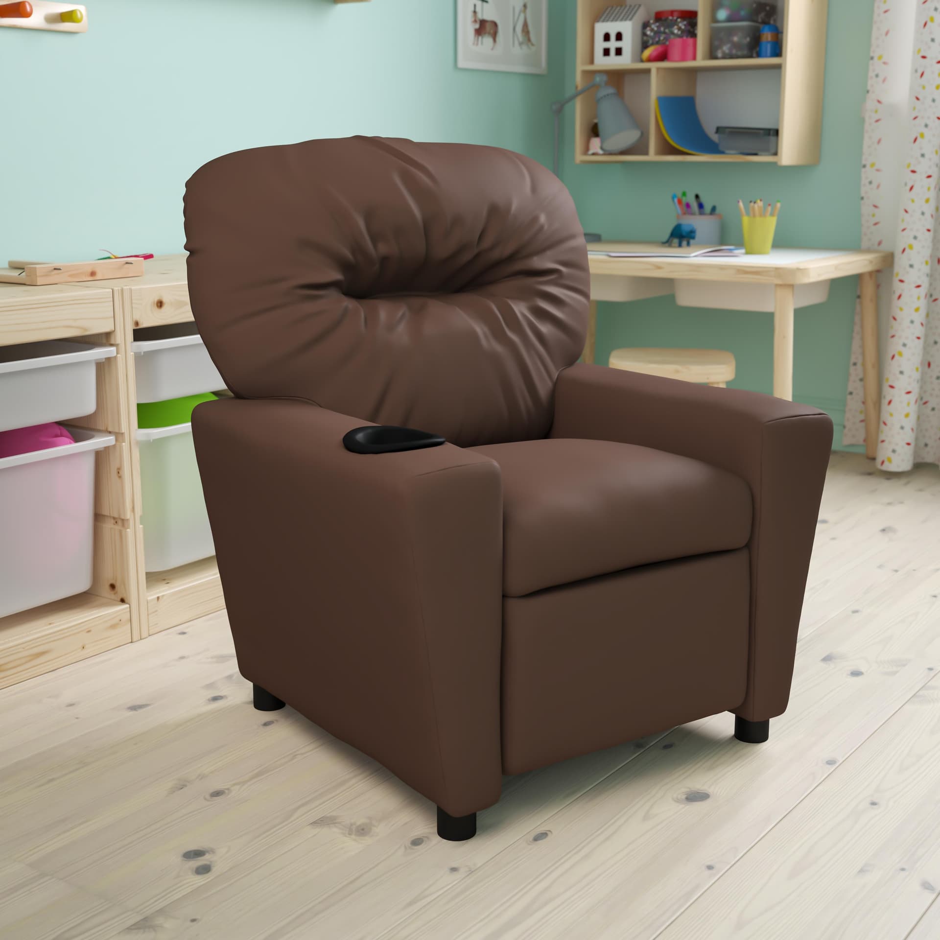 Contemporary Brown LeatherSoft Kids Recliner with Cup Holder - Hardwood Frame
