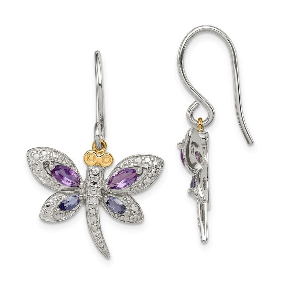 Sterling Silver 14k Accent Amethyst and Iolite and Diamond Dragonfly Earrings