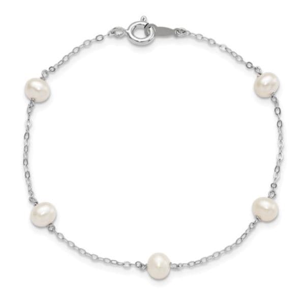 Sterling Silver 4-5mm White Semi Round Freshwater Cultured Pearl 5 Station Bracelet