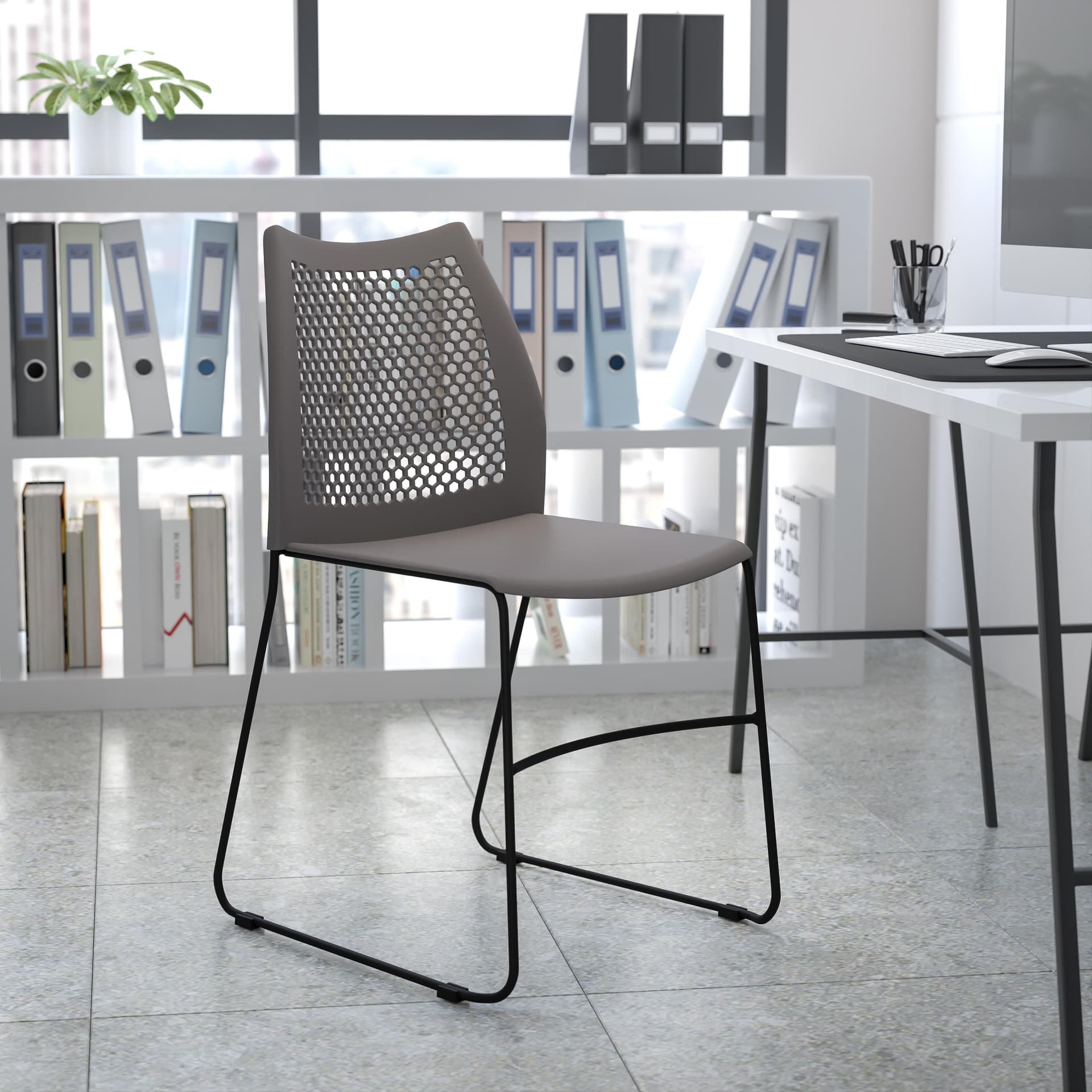Home and Office Gray Sled Base Stack Chair with Air-Vent Back
