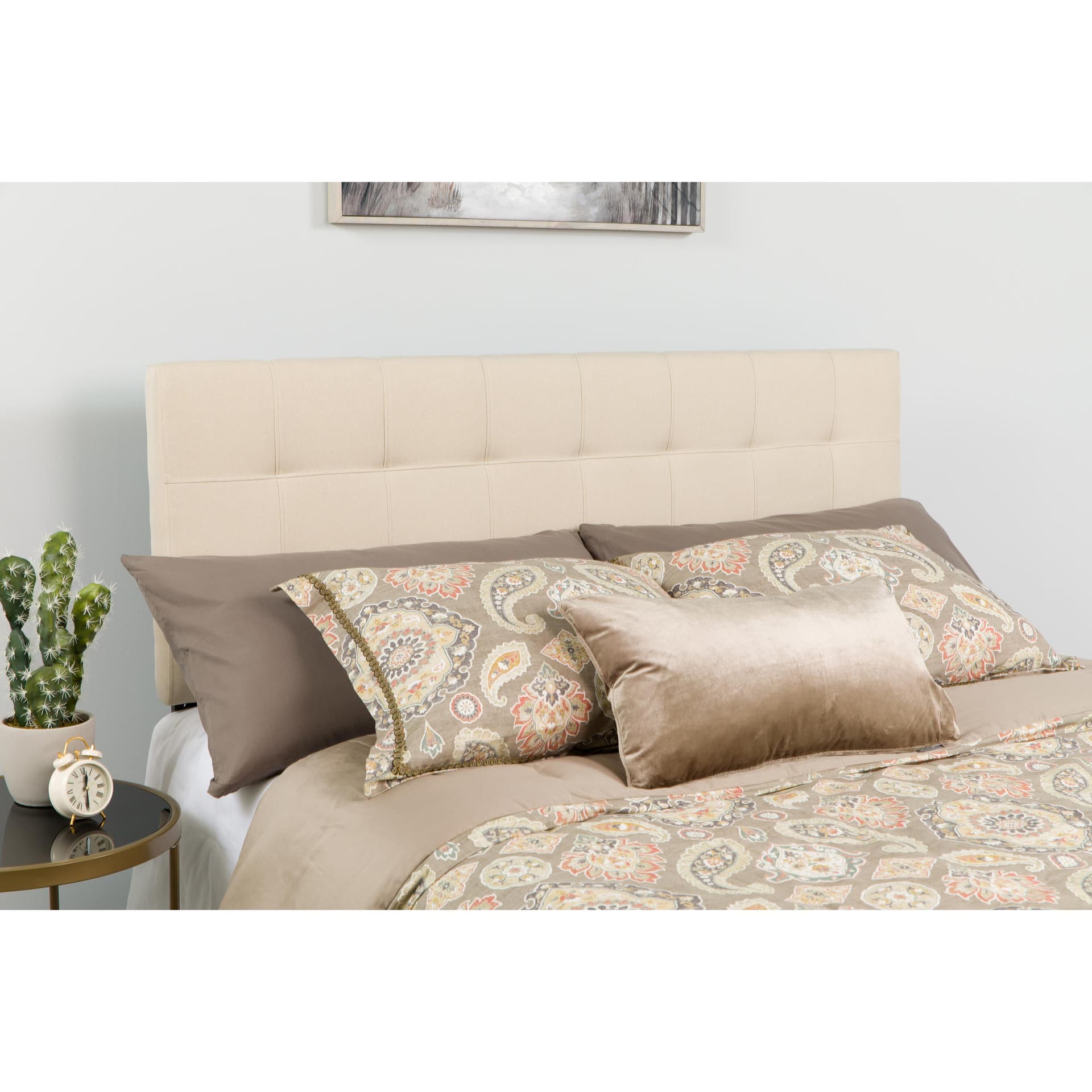 Quilted Tufted Upholstered King Size Headboard in Beige Fabric