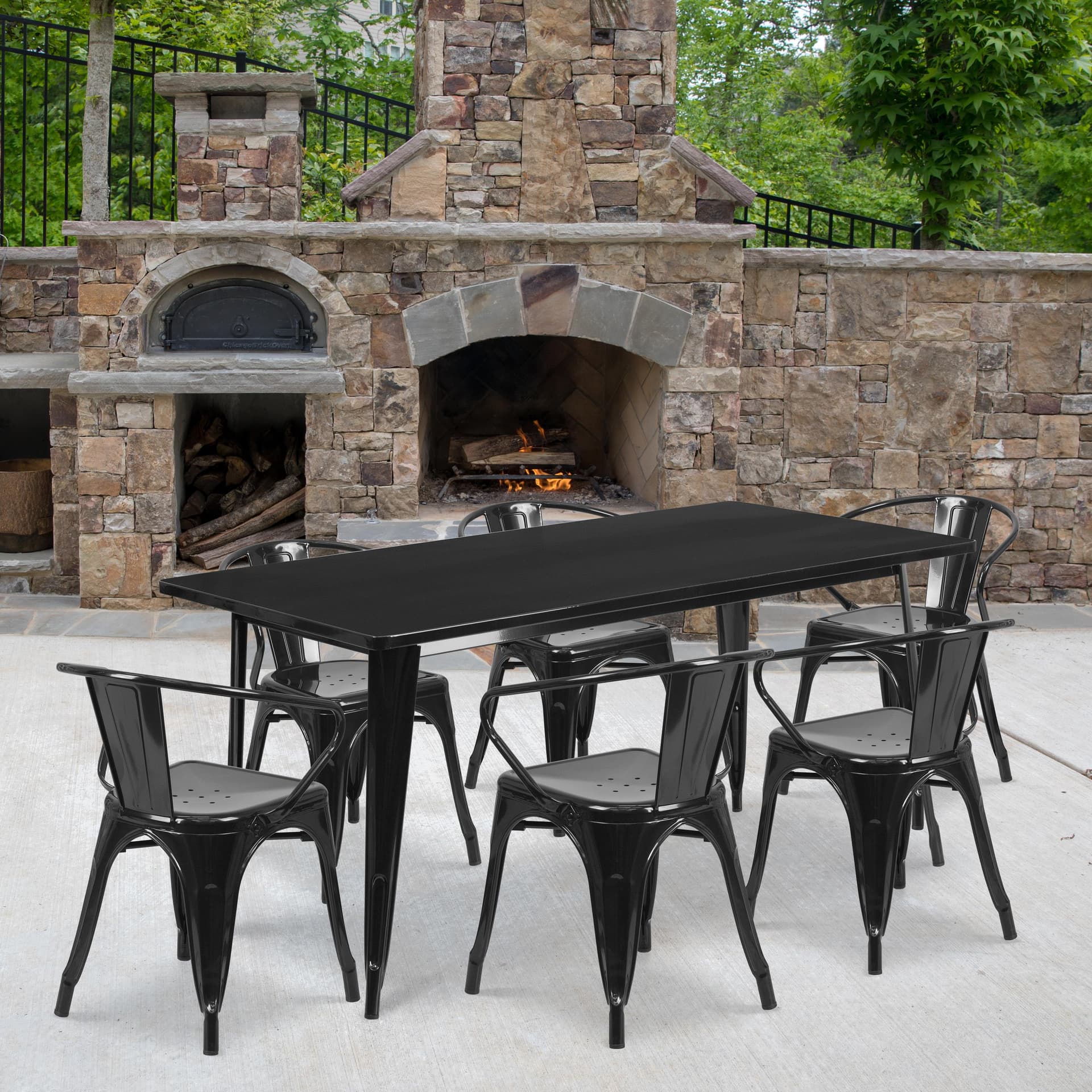31.5" x 63" Rectangular Black Metal Indoor-Outdoor Table Set with 6 Arm Chairs