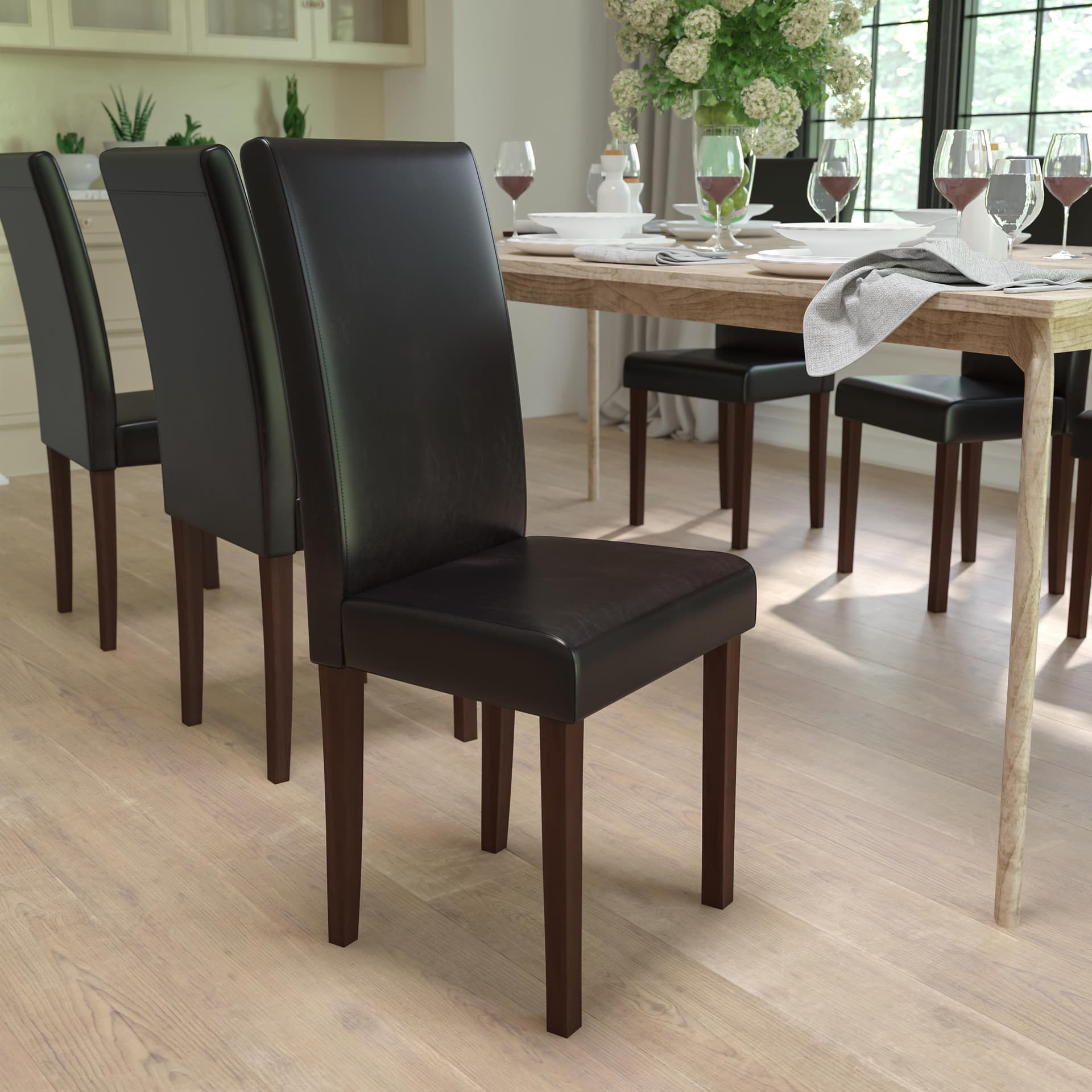Brown LeatherSoft Upholstered Parsons Chair w/Panel Stitching &Mahogany Legs
