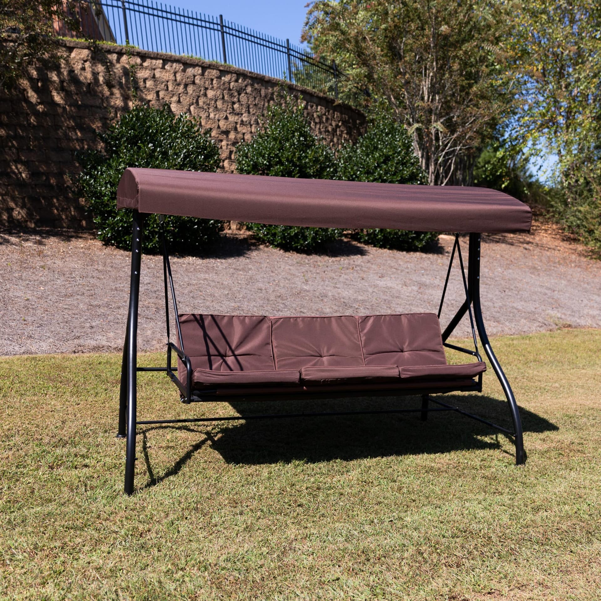 3-Seat Outdoor Steel Converting Patio Swing and Bed Canopy Hammock in Brown
